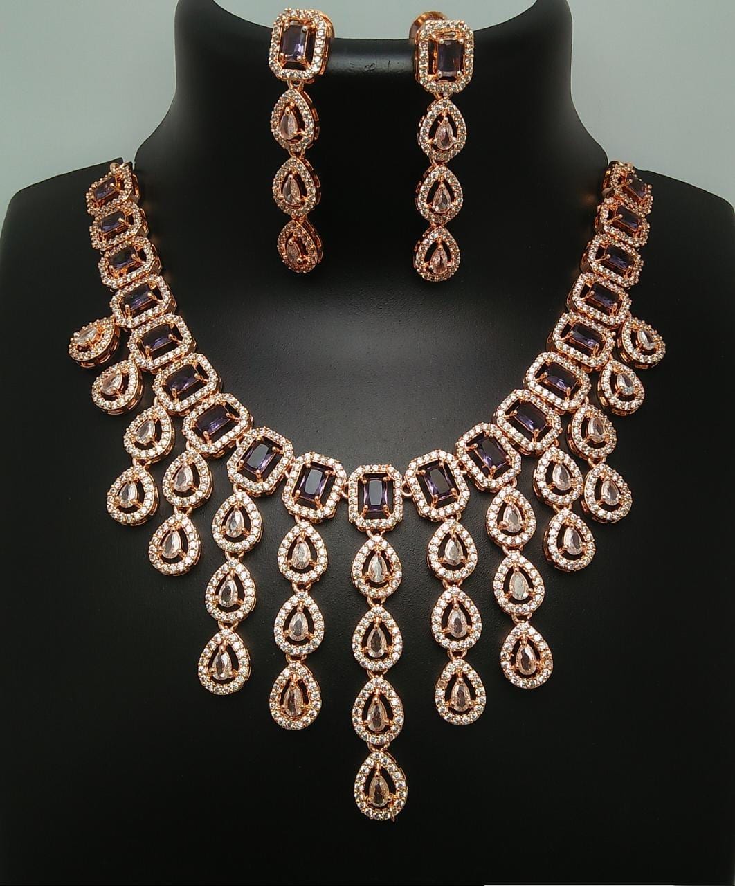 Rose Gold American Diamond multi strand necklace and Earrings