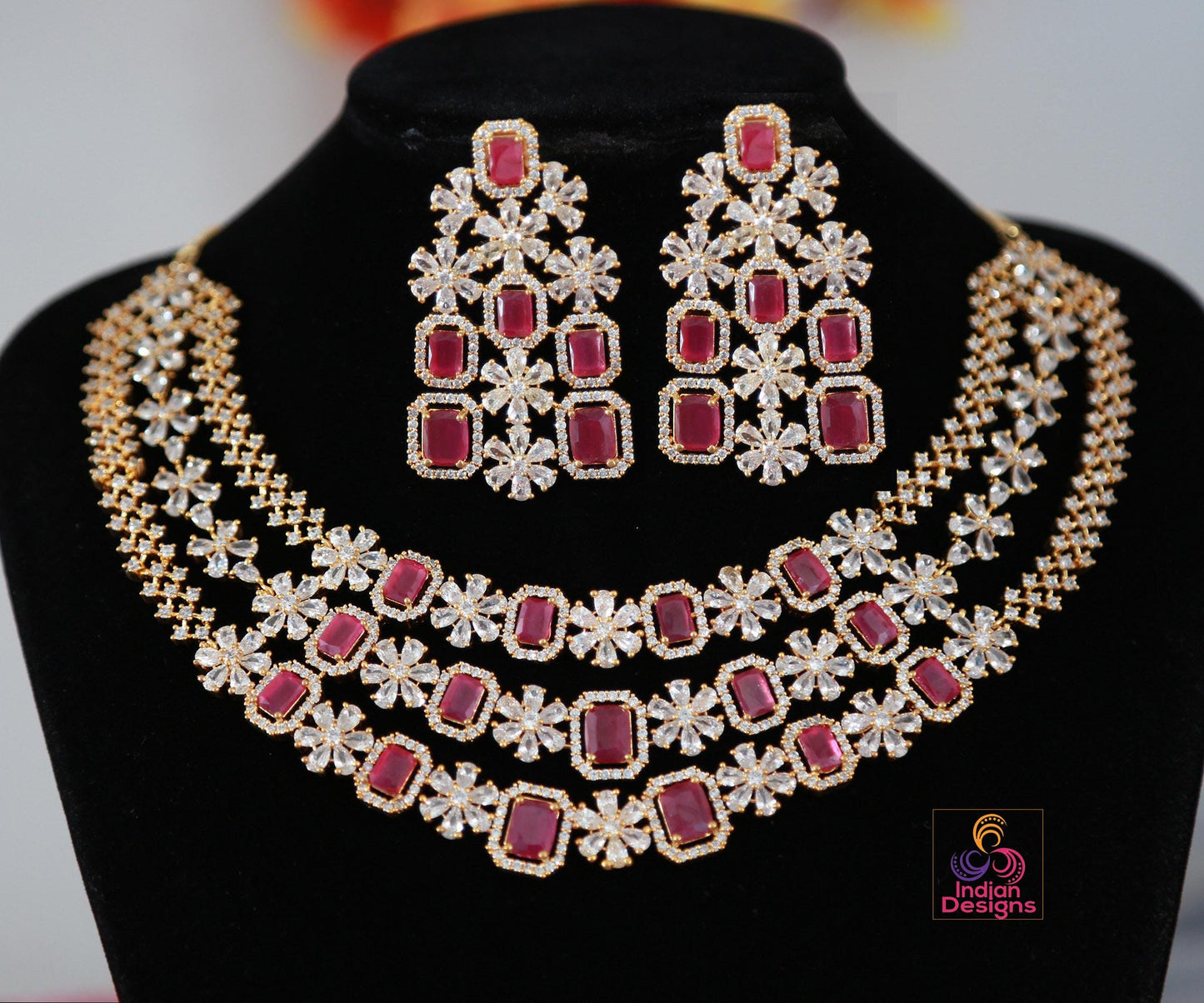 American Diamond Multi-Layer Necklace and Earrings set with CZ Topaz/Ruby Stones| Statement Wedding Necklace| Indian Jewelry| Gift for her