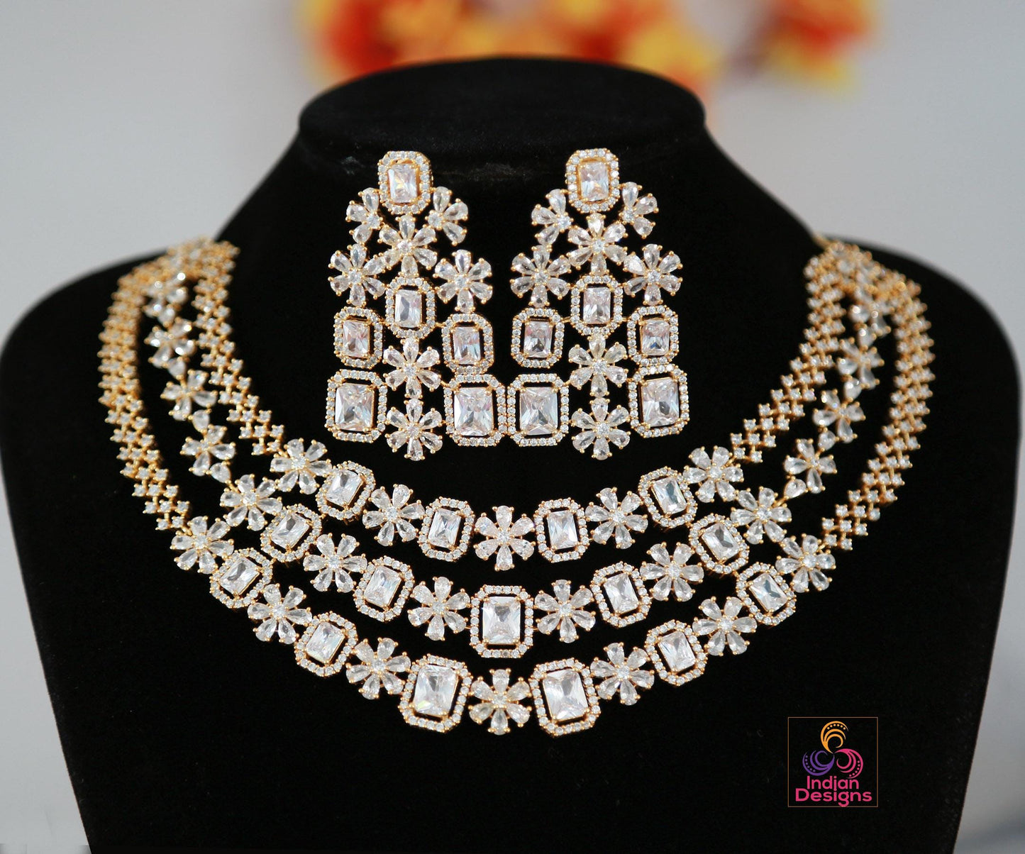 American Diamond Multi-Layer Necklace and Earrings set with CZ Topaz/Ruby Stones| Statement Wedding Necklace| Indian Jewelry| Gift for her