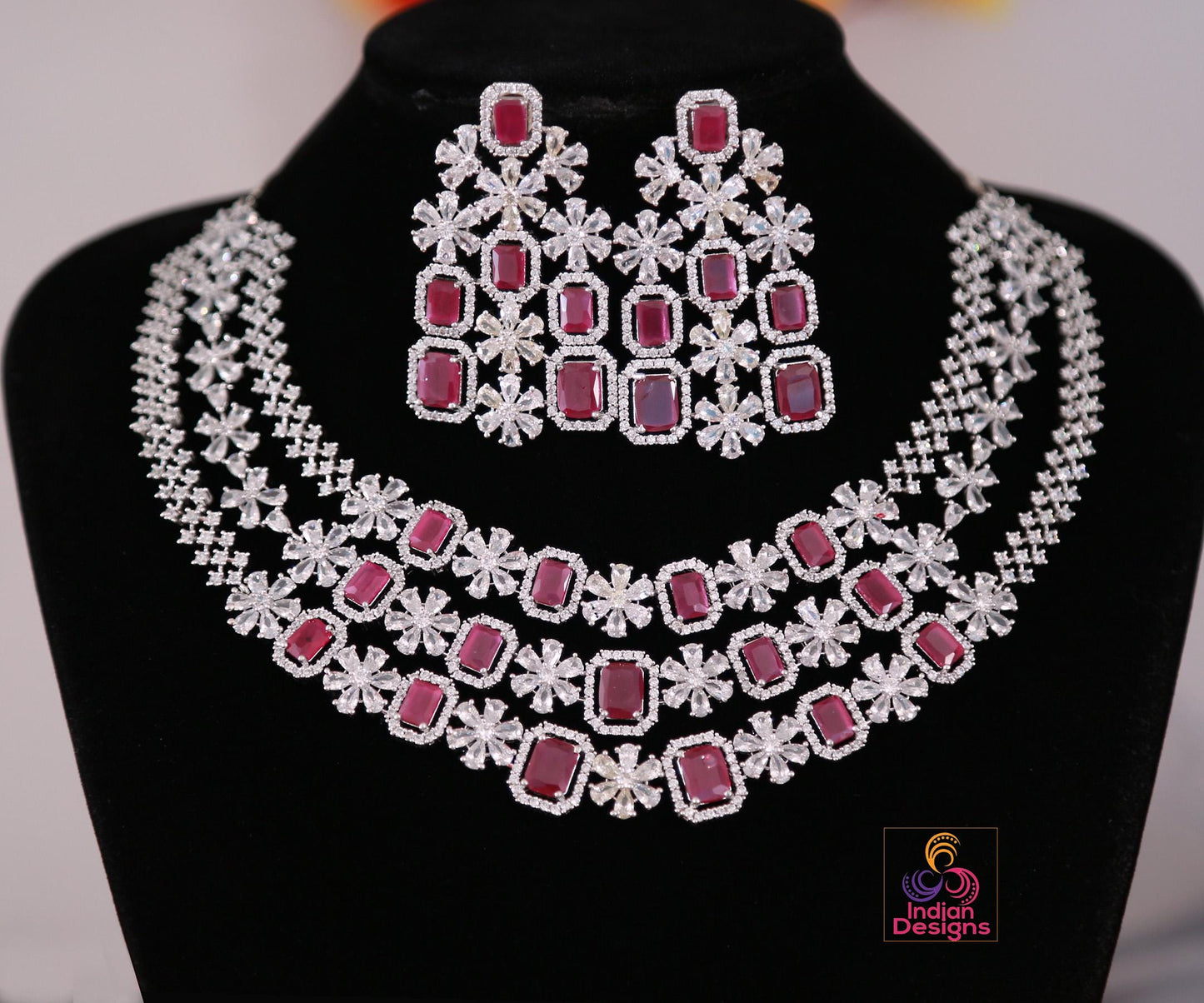 American Diamond Multi-Layer Necklace and Earrings set with CZ Topaz/Ruby Stones| Statement Wedding Necklace| Indian Jewelry| Gift for her