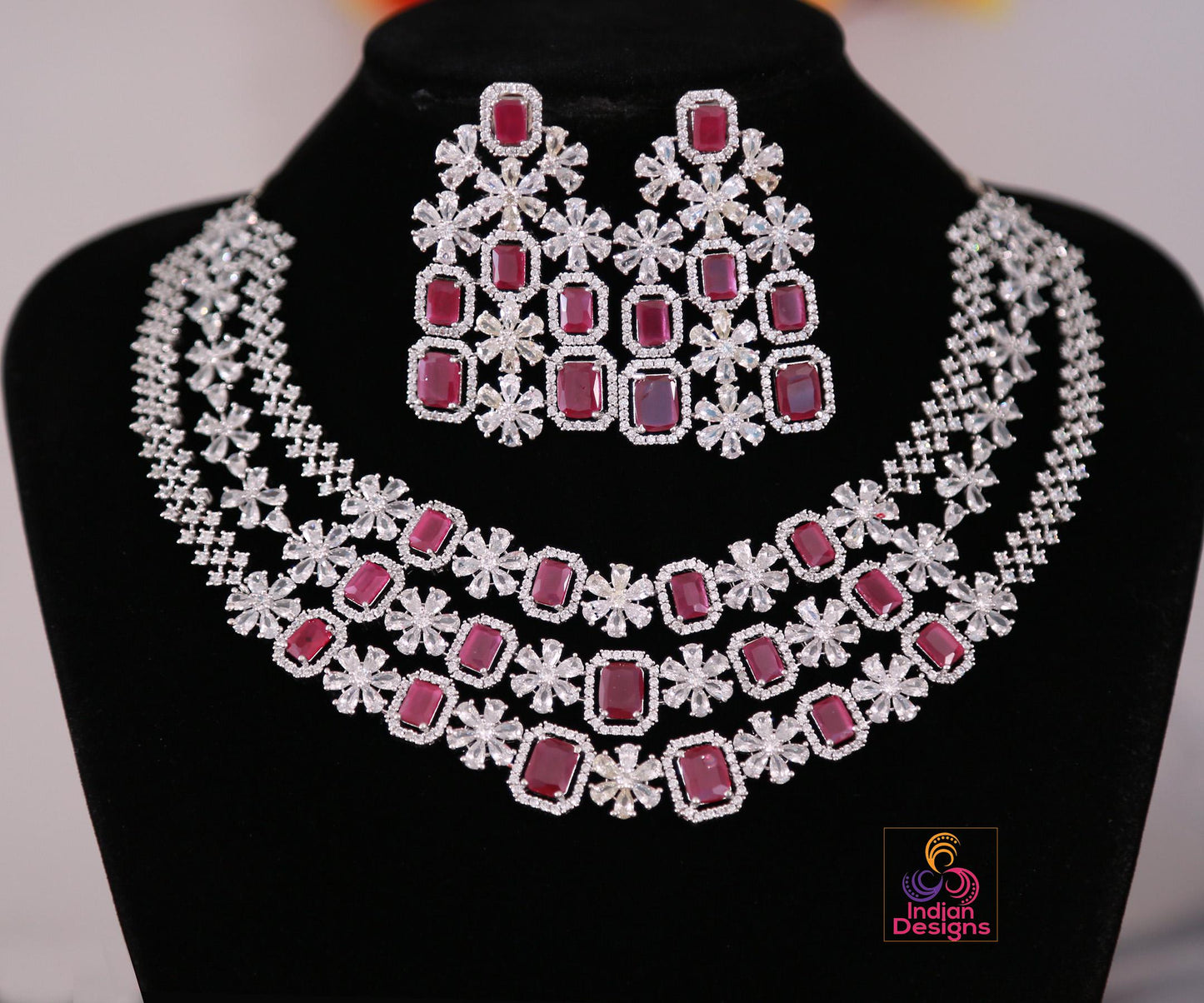 American Diamond Multi-Layer Necklace and Earrings set with CZ Topaz/Ruby Stones| Statement Wedding Necklace| Indian Jewelry| Gift for her