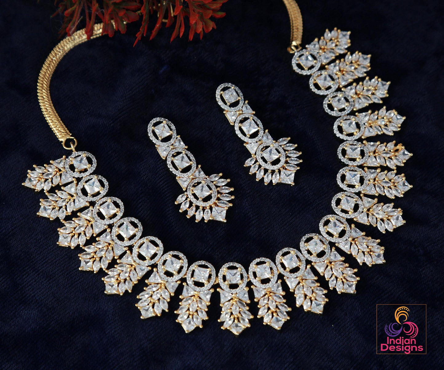 Exquisite Emerald Green & Crystal Necklace Set Bridal Statement Jewelry| Gold plated American Diamond Wedding choker necklace with Earrings