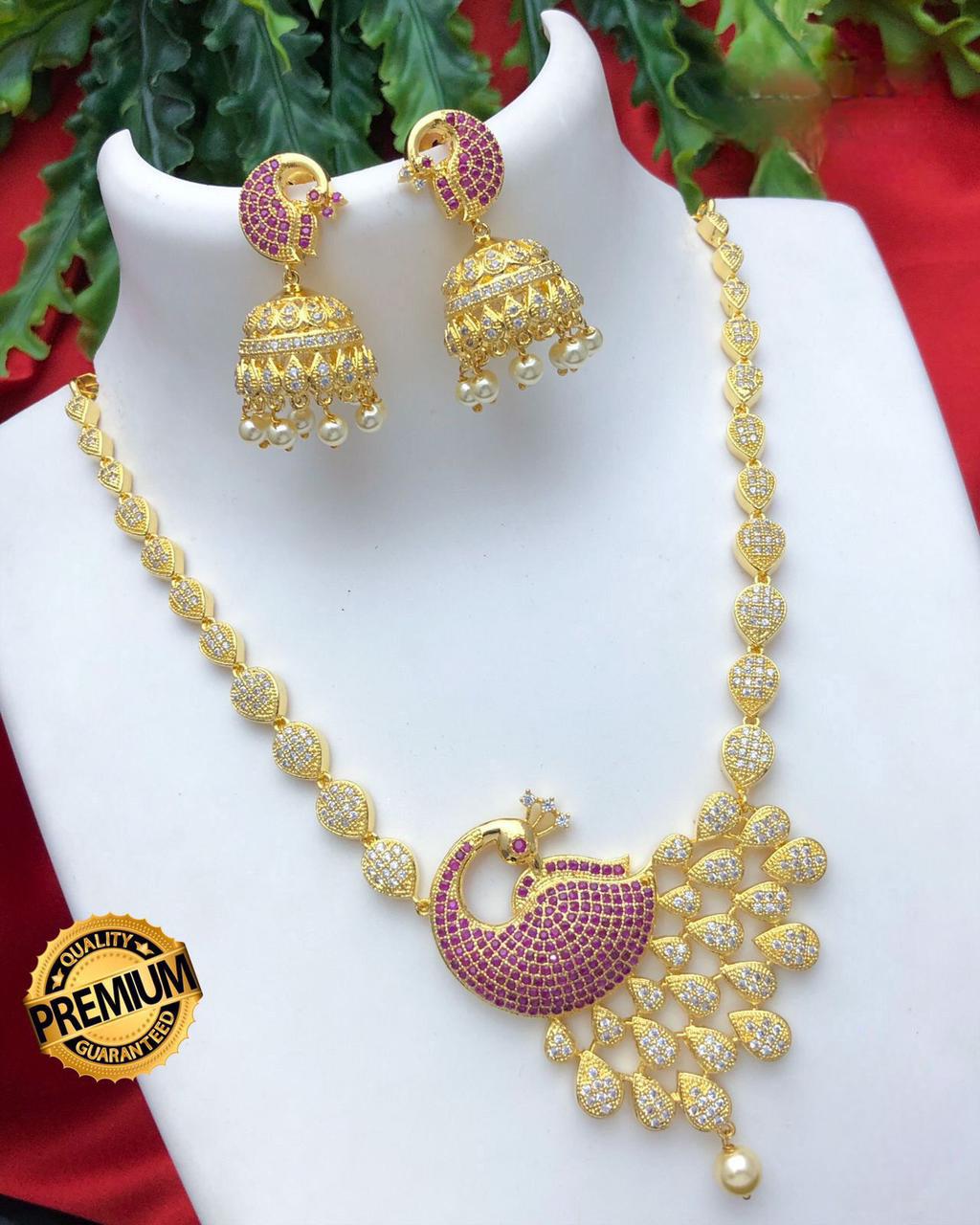 Peacock Design American Diamond Necklace Jhumka set |Gold Plated Peacock CZ American Diamond Necklace with stones |Indian Jhumka earrings