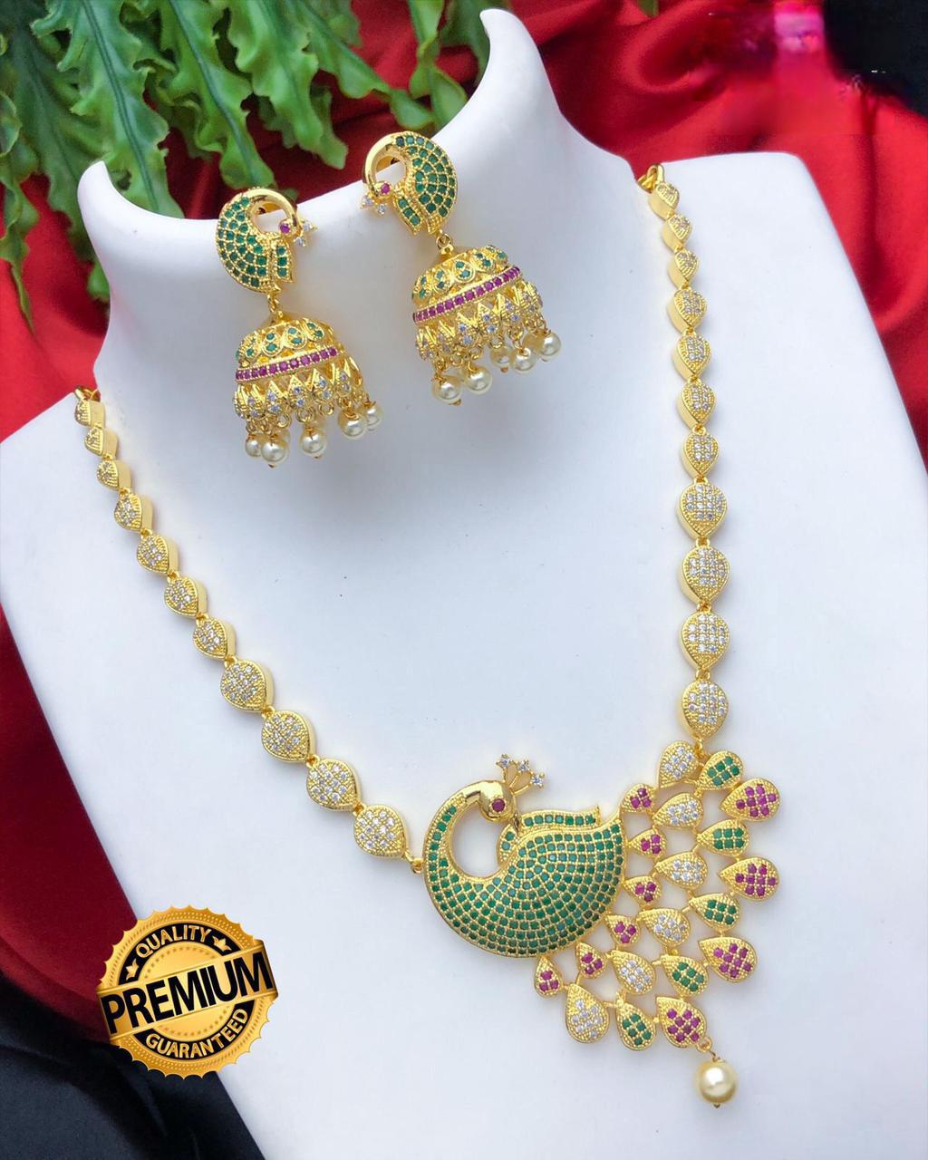 Peacock Design American Diamond Necklace Jhumka set |Gold Plated Peacock CZ American Diamond Necklace with stones |Indian Jhumka earrings