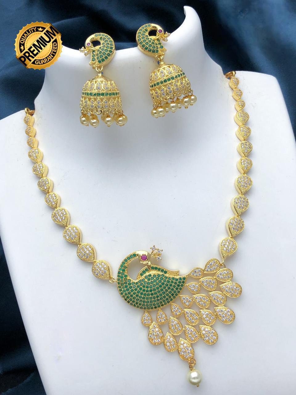 Peacock Design American Diamond Necklace Jhumka set |Gold Plated Peacock CZ American Diamond Necklace with stones |Indian Jhumka earrings