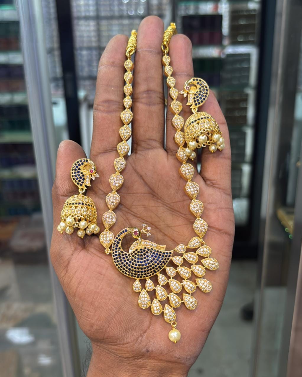 Peacock Design American Diamond Necklace Jhumka set |Gold Plated Peacock CZ American Diamond Necklace with stones |Indian Jhumka earrings