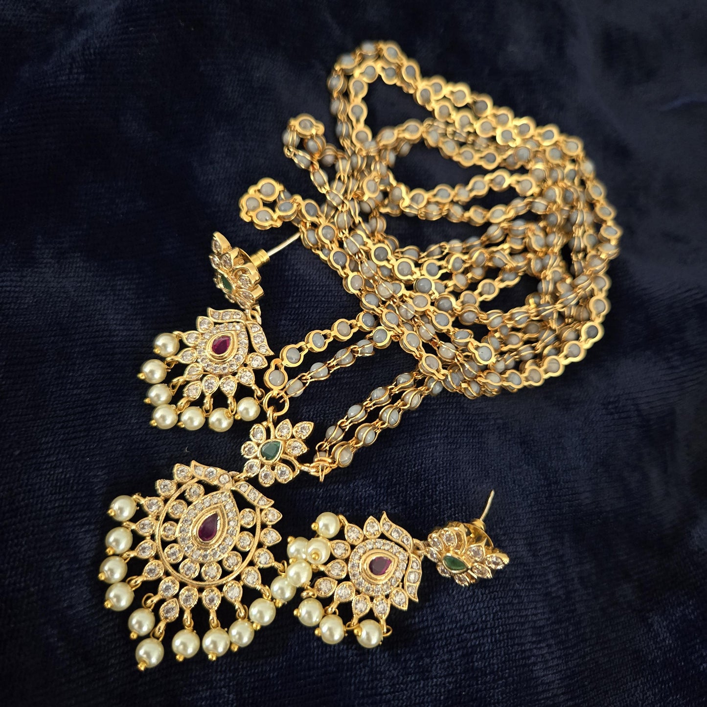 Matte Gold Plated Haram necklace and earring set with floral design|Traditional South Indian Jewelry|Bollywood Style CZ American Diamond Set