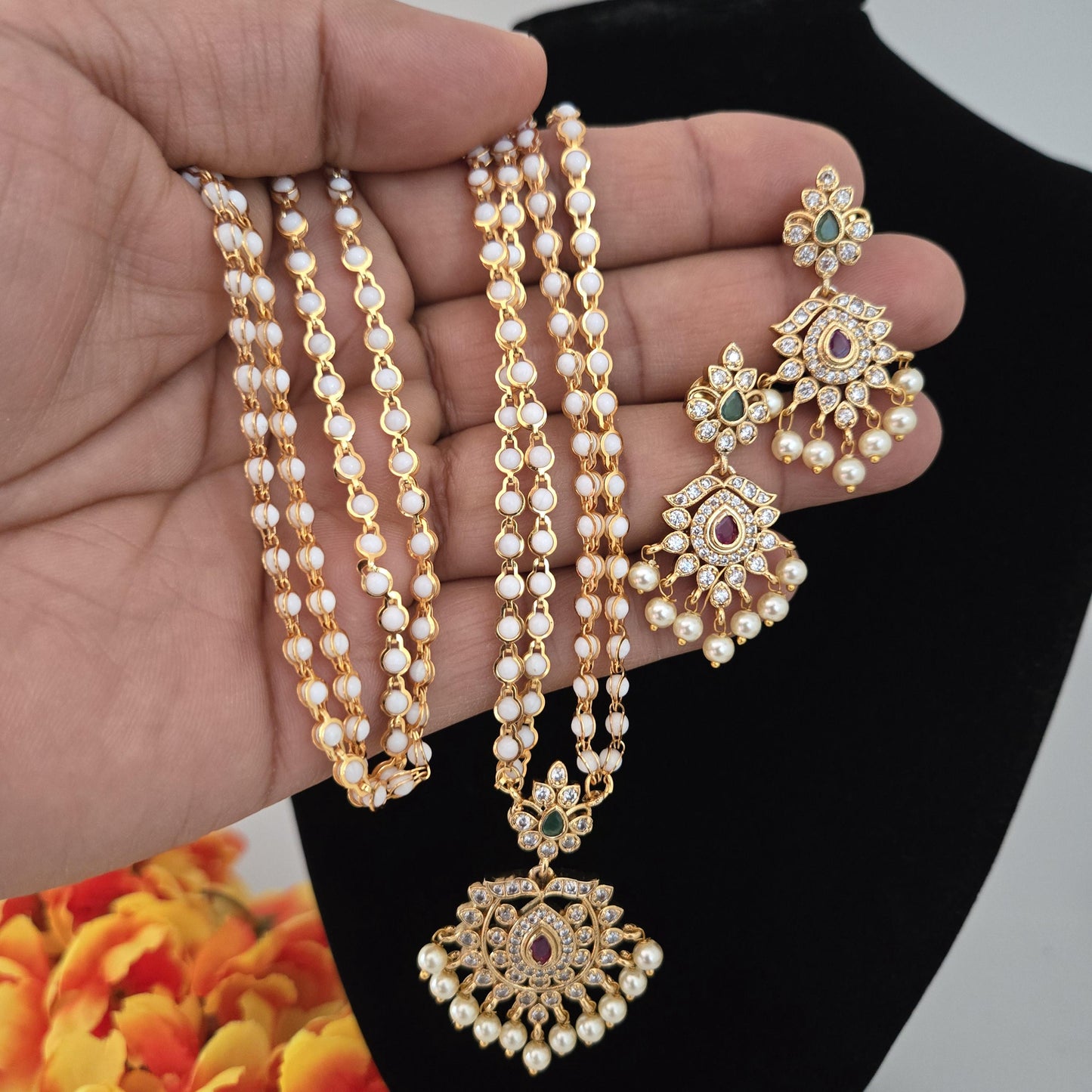 Matte Gold Plated Haram necklace and earring set with floral design|Traditional South Indian Jewelry|Bollywood Style CZ American Diamond Set