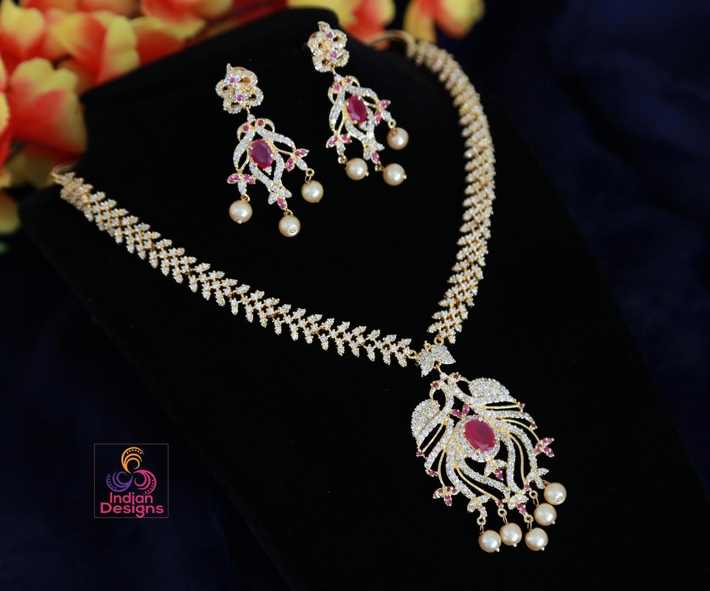 American Diamond Necklace Earring set Peacock Design |Gold Plated Peacock American Diamond Necklace with Ruby Emerald stones |Indian Jewelry