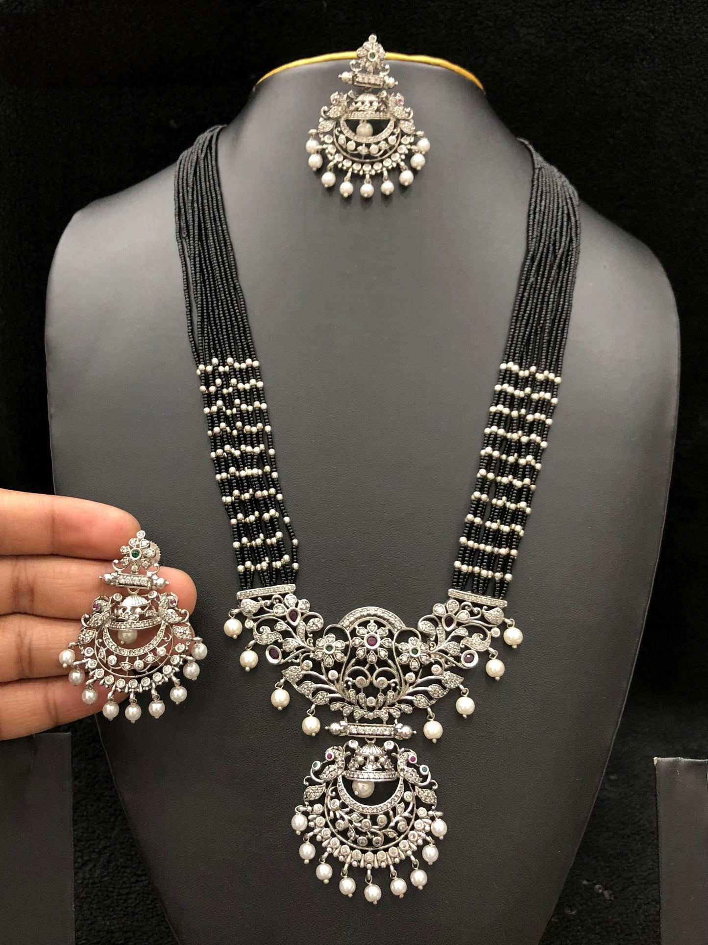 Multi-Strand Silver Pendant Necklace Set with Matching Earrings - Available in Green, Red, and Black Beads| Statement silver necklace