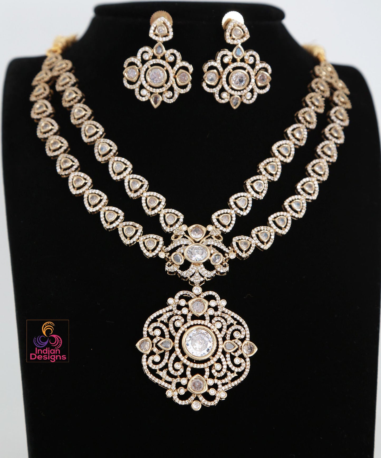 Victorian Style AD Kundan Choker Necklace with Designer Pendant| Gold Plated Antique Statement Necklace| American diamond wedding Jewelry