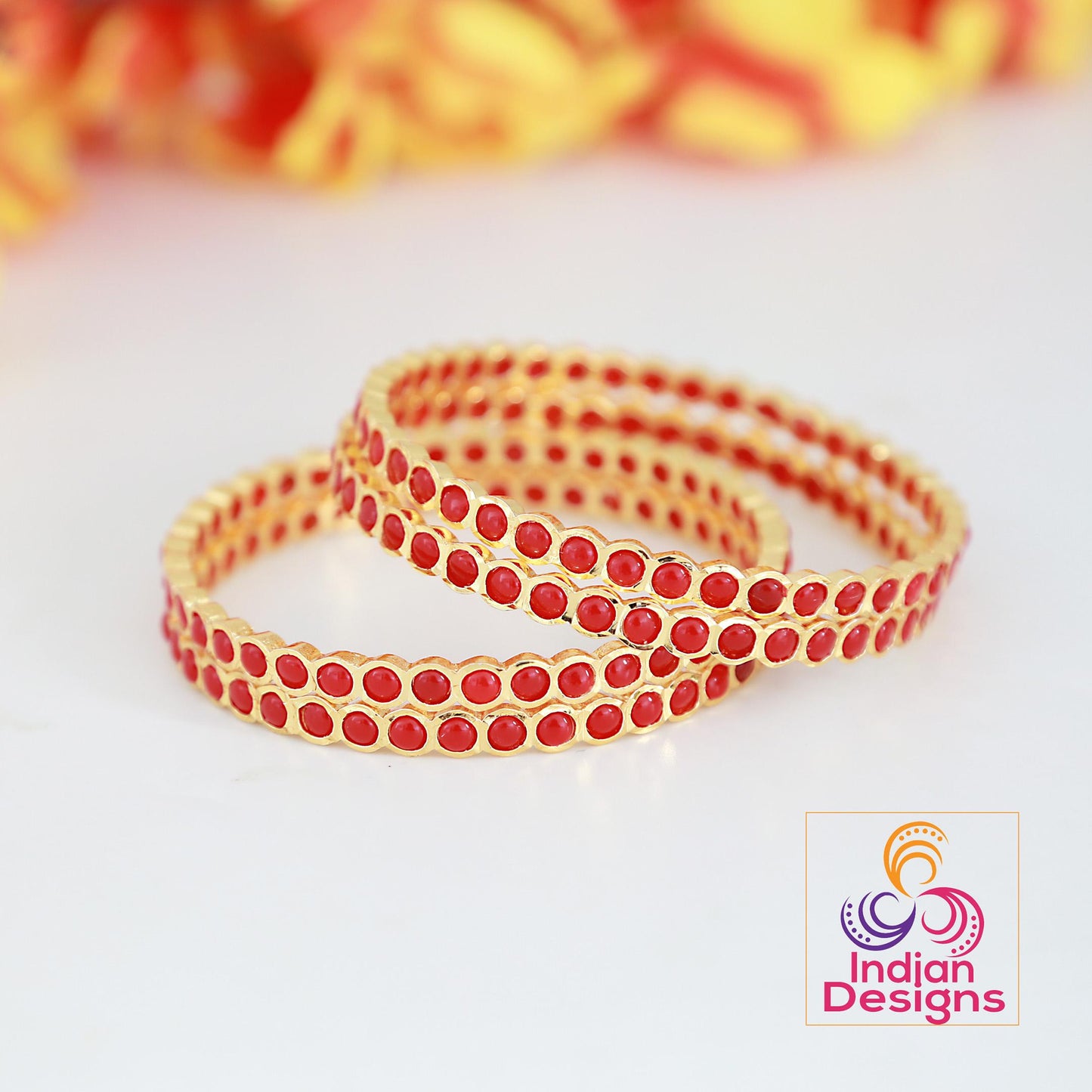 One Gram Gold Red Coral bangles 4-Piece| Traditional South Indian Bangles| Stylish party bangles| Lightweight bangles| Gift for her