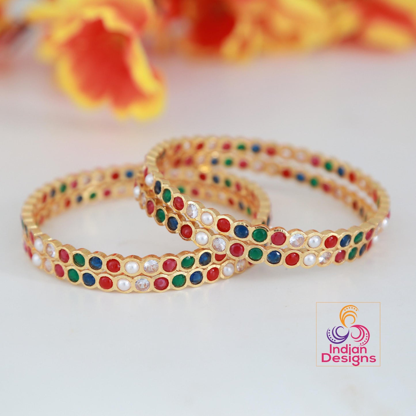 One Gram Gold Multi-color stone bangles 4-Piece| Traditional South Indian Bangles| Stylish Navaratna Light weight bangles| Gift for her