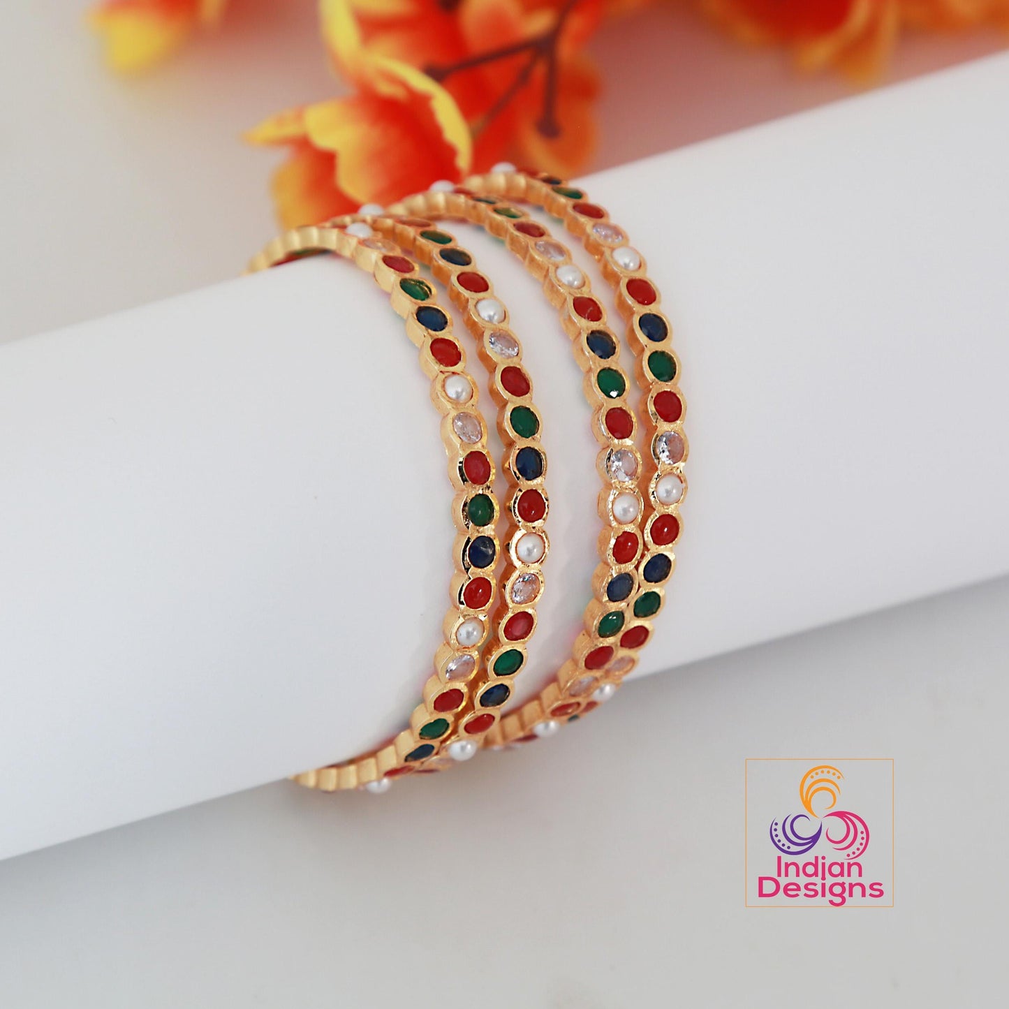 One Gram Gold Multi-color stone bangles 4-Piece| Traditional South Indian Bangles| Stylish Navaratna Light weight bangles| Gift for her