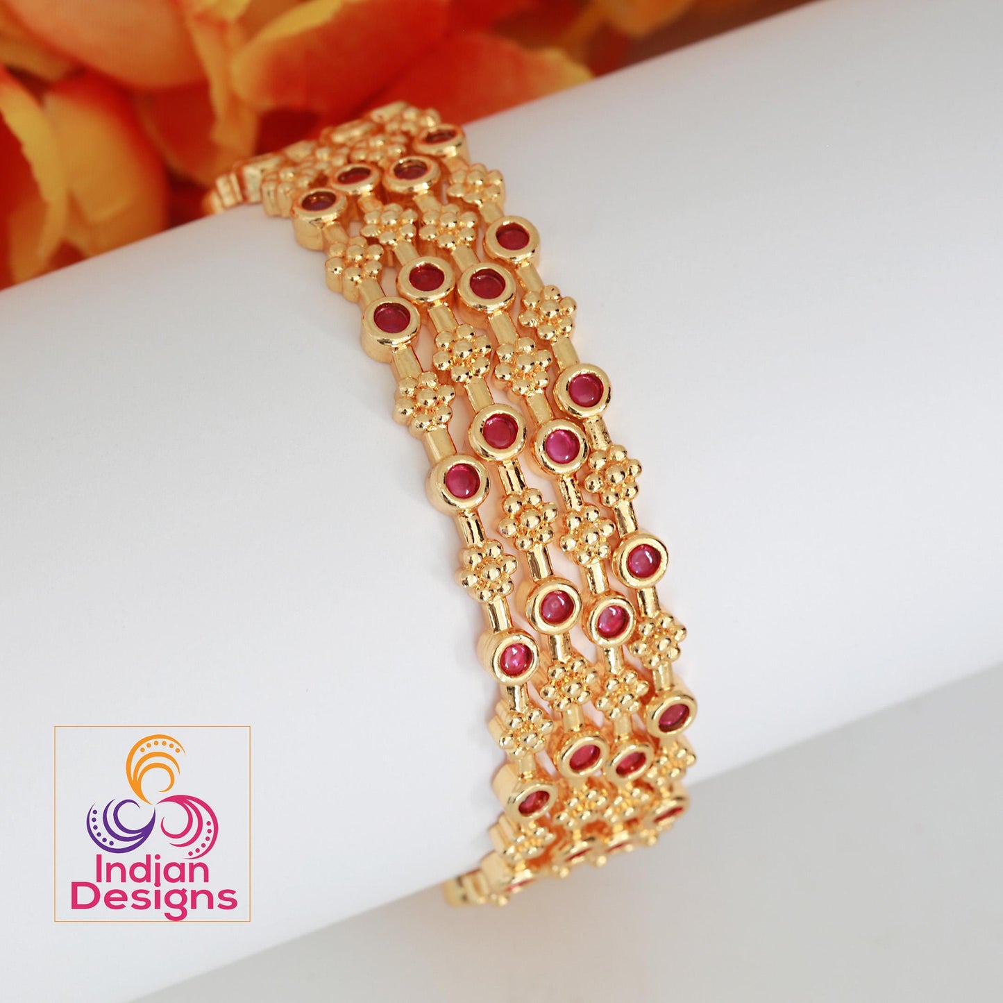 Gold plated Bangles with Pink stones Set of 4| South Indian style Floral design bangles| Daily-wear Statement bangles| Stylish Gift for her