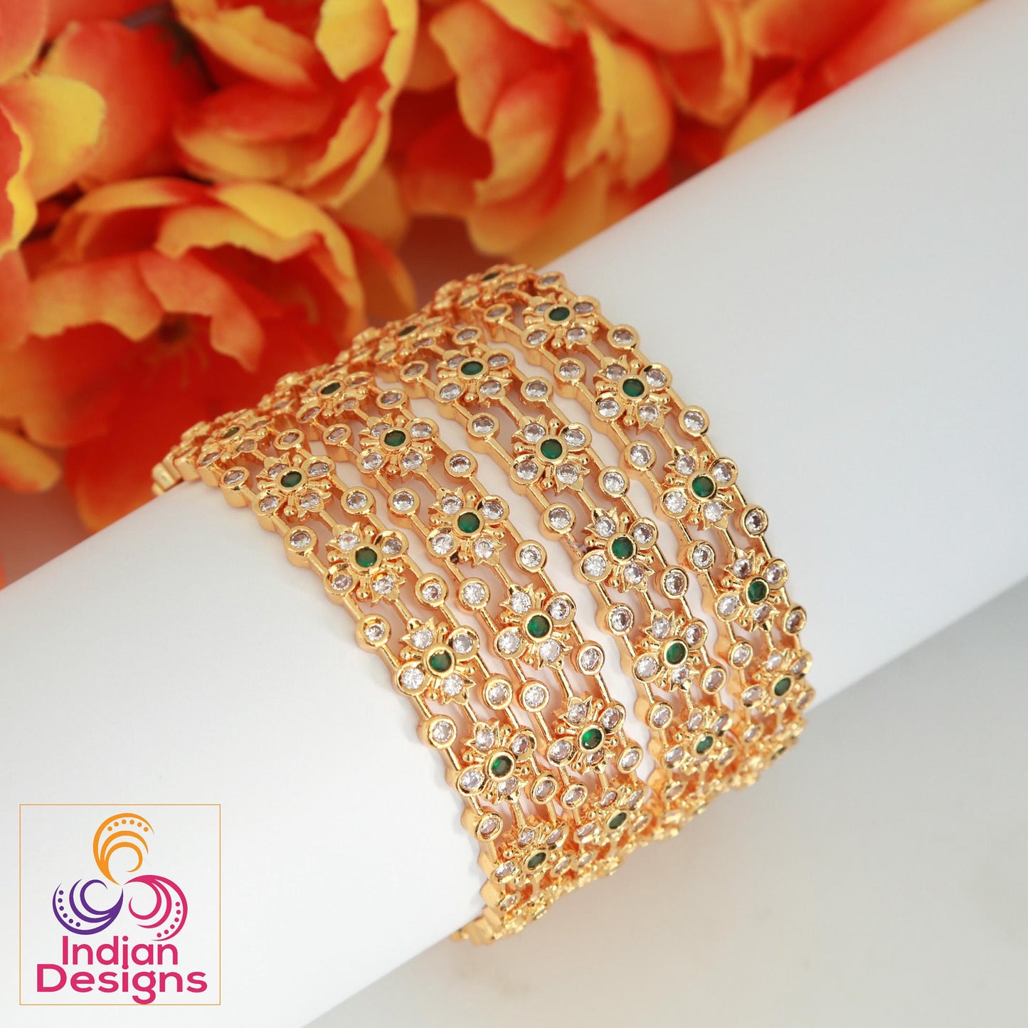 Gold plated Bangles with Green stones Set of 4| South Indian style Floral design bangles| Daily-wear Statement bangles| Stylish Gift for her