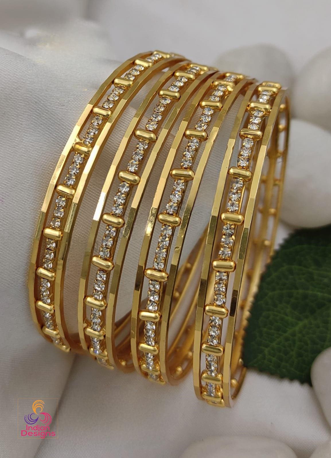 One gram Gold Daily wear Bangles set of 4| American Diamond Gold stone Crystal Wedding bangle set |Bollywood style Bangle set| Gift for her