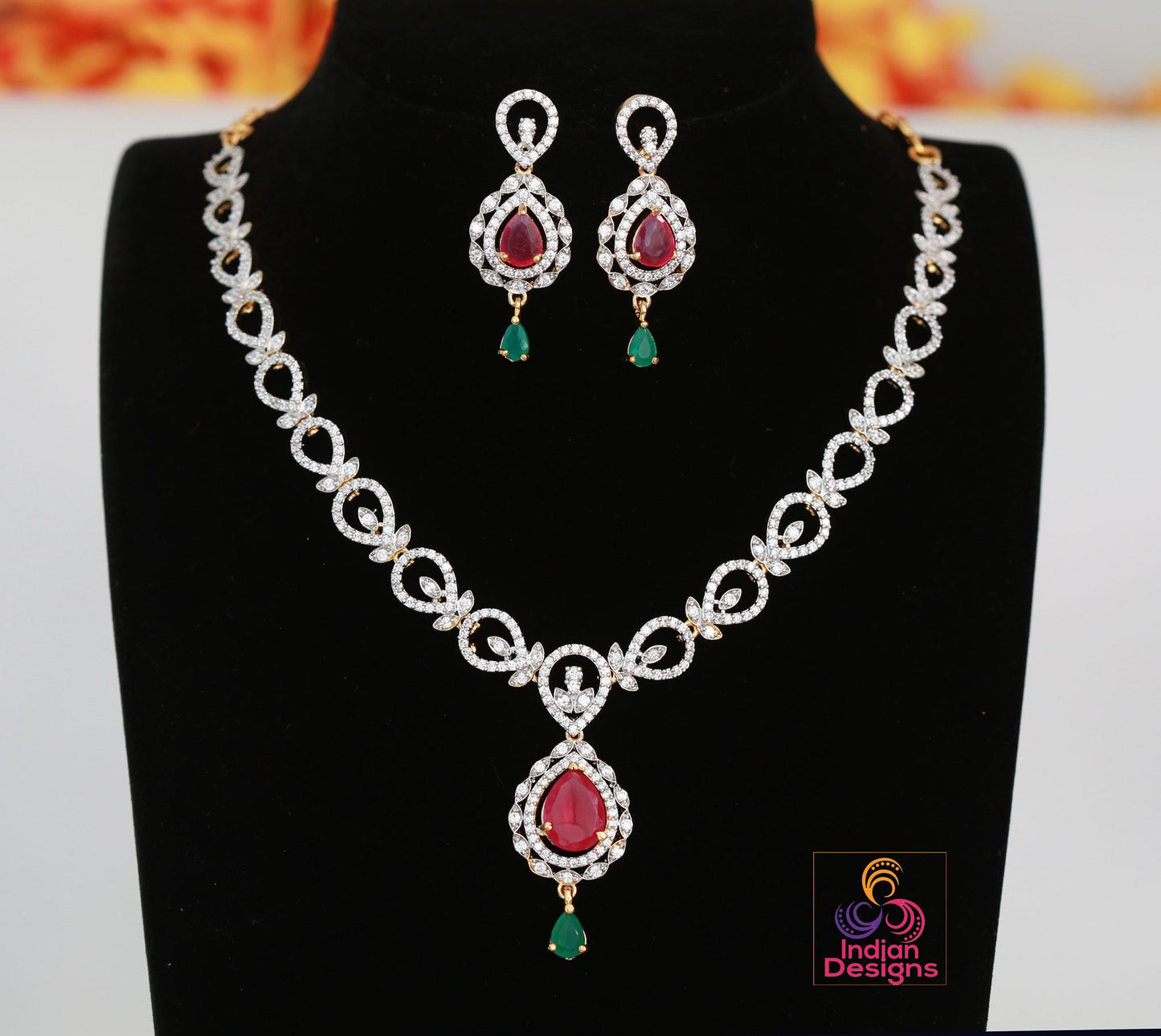 Gold Plated American Diamond necklace| Ruby Emerald necklace & Earrings| Beautiful Ruby necklace Floral design | clear stone necklace