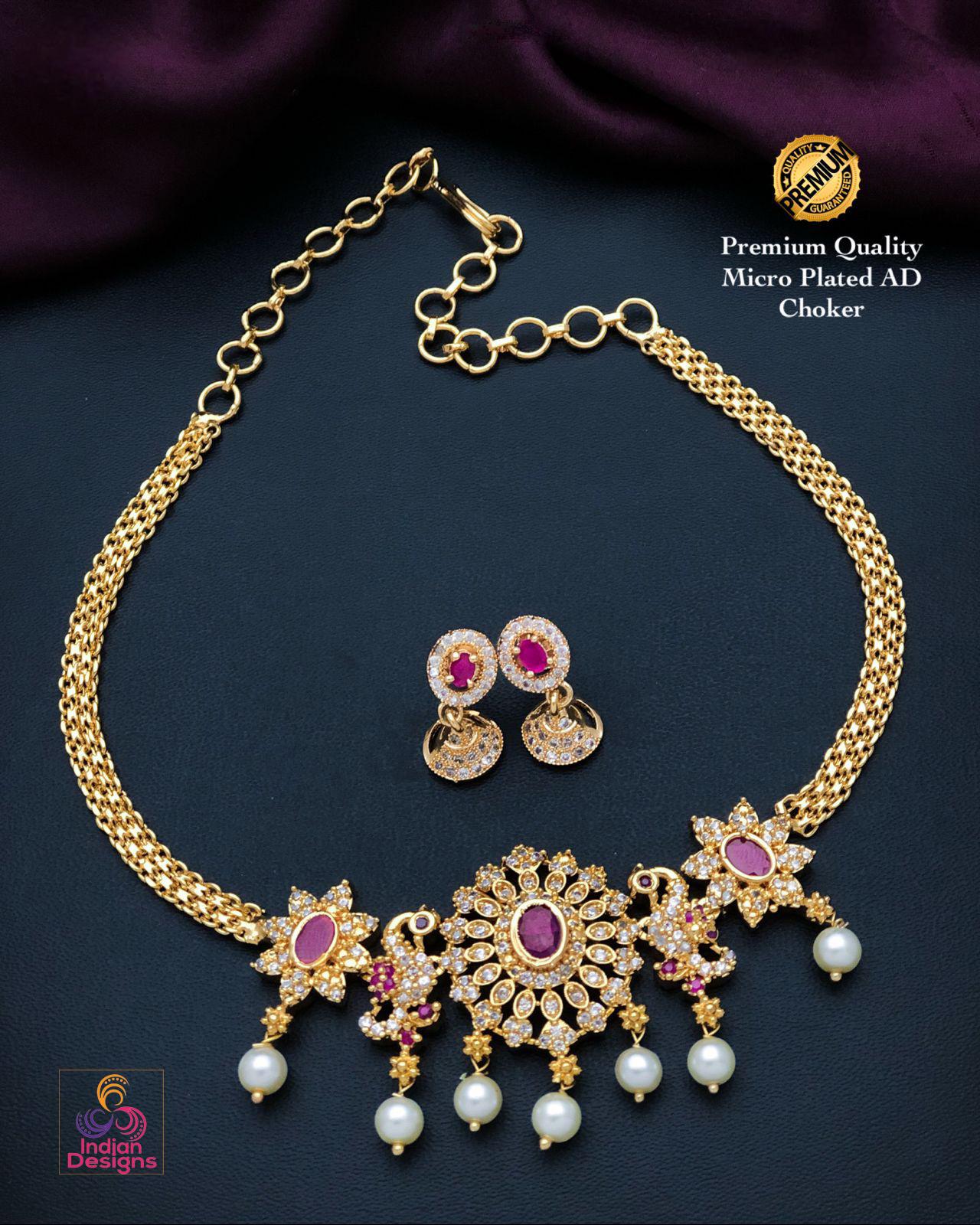 Traditional South Indian style Matte Finish Mini choker Jhumka set | AD Red and Green Stone choker set with pair of Cute Jhumka earrings