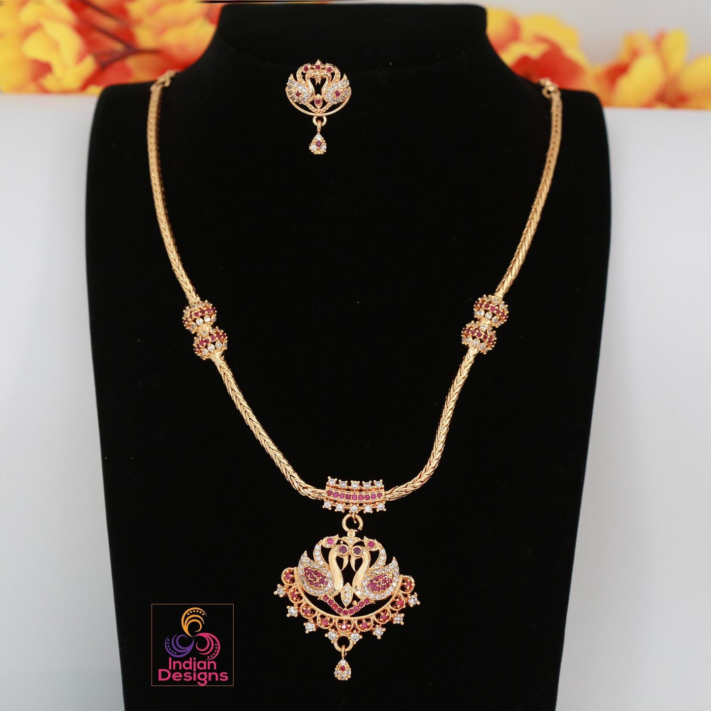 Peacock Design Necklace and Earrings Set| One Gram Gold-Plated South Indian Jewelry with Ruby &Green Stones|Ethnic wedding set| Gift for her