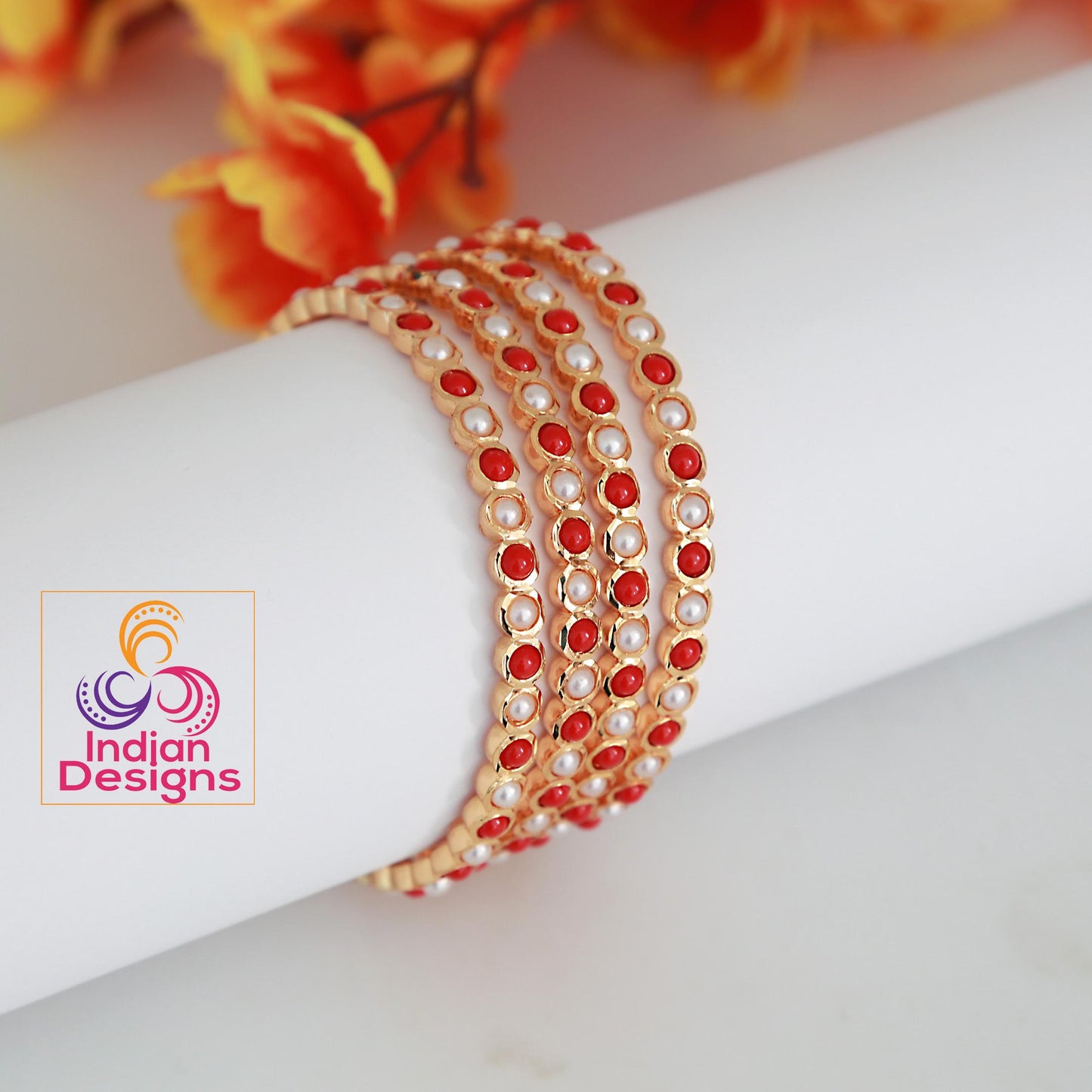 One Gram Gold Red Coral & Pearl bangles 4-Piece| Traditional South Indian Bangles| Stylish party bangles| Lightweight bangles| Gift for her