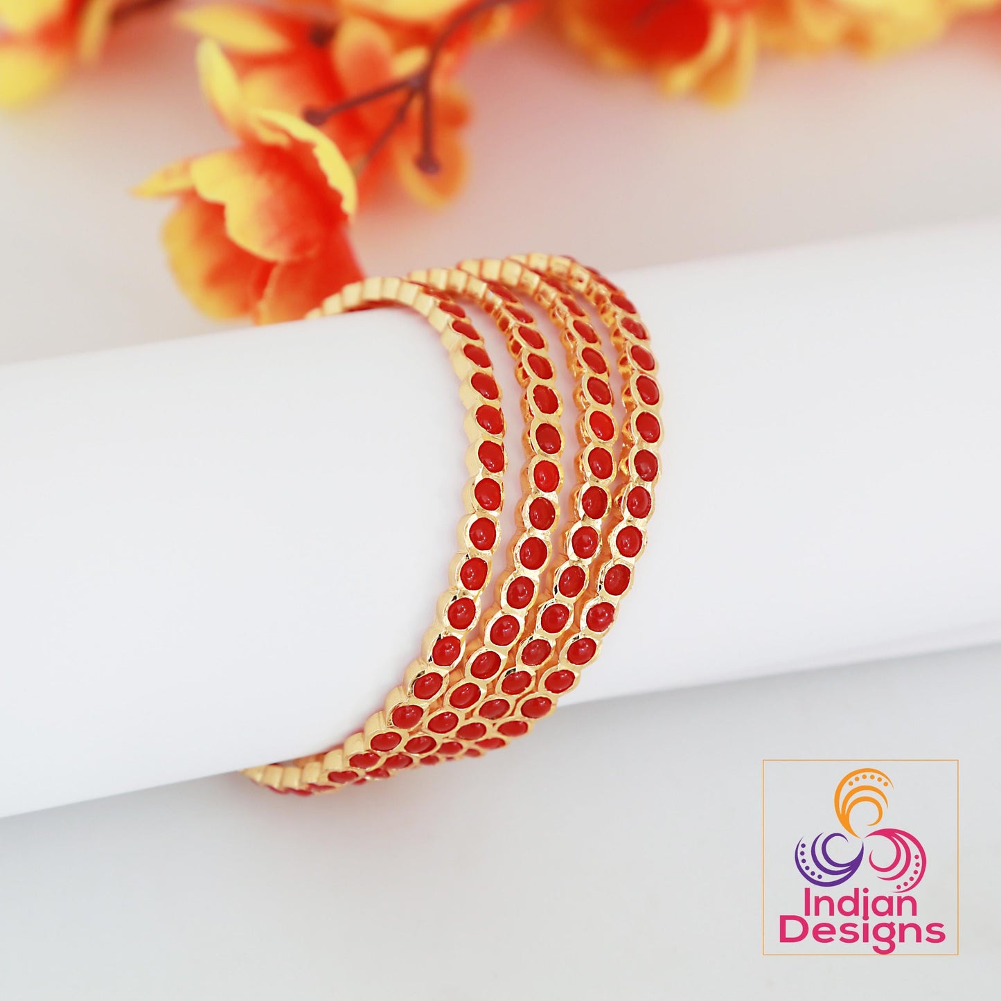 One Gram Gold Red Coral bangles 4-Piece| Traditional South Indian Bangles| Stylish party bangles| Lightweight bangles| Gift for her