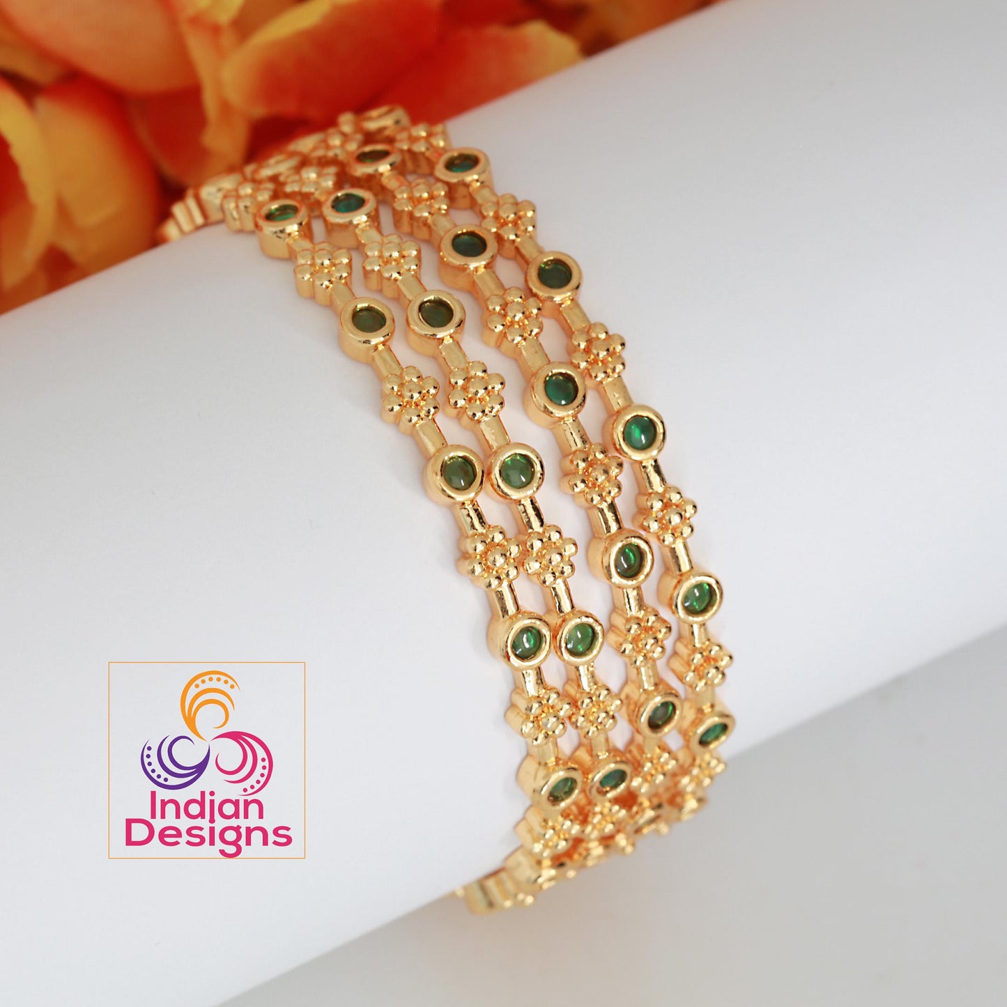 Gold plated Bangles with Green stones Set of 4| South Indian style Floral design bangles| Daily-wear Statement bangles| Stylish Gift for her