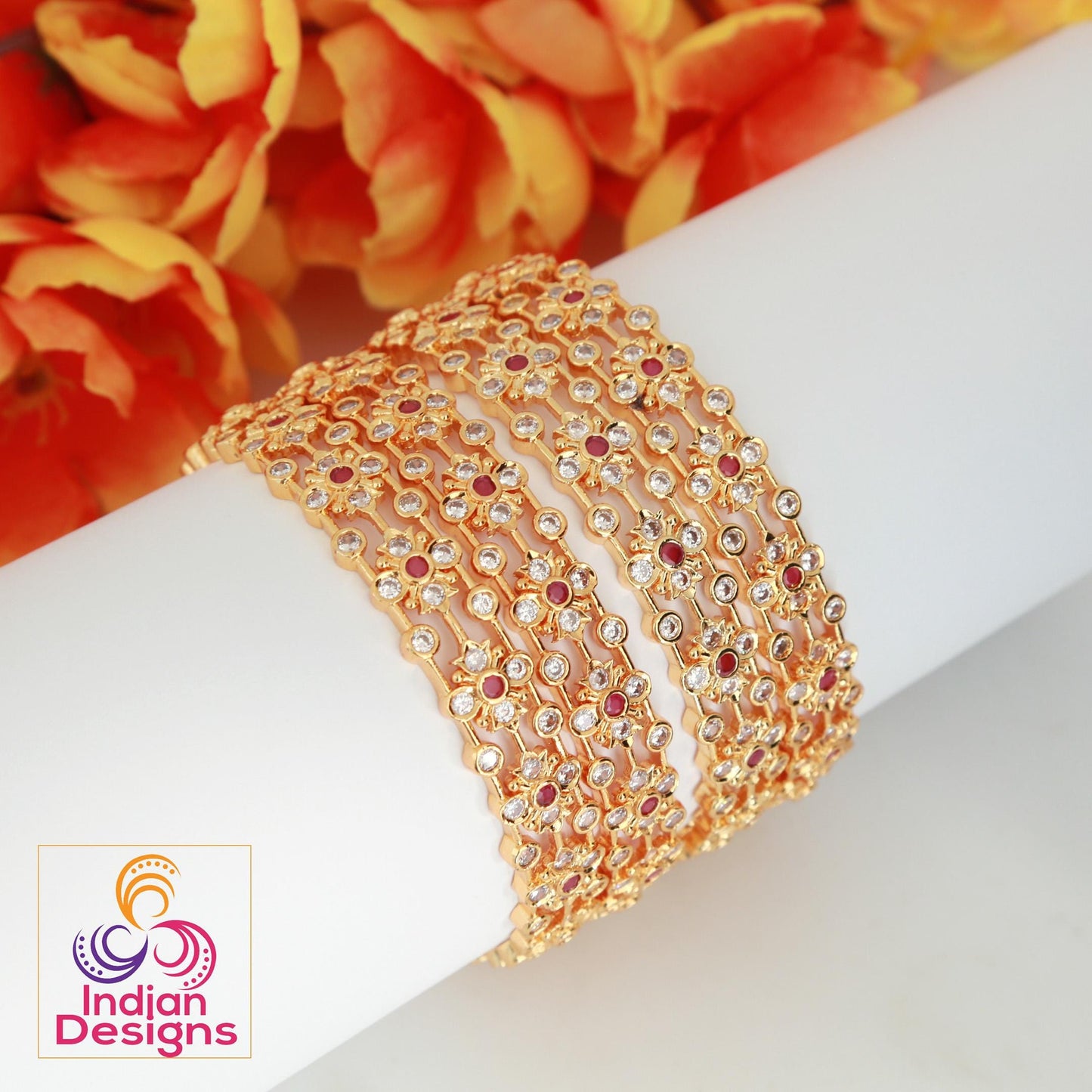 Gold plated Bangles with Pink stones Set of 4| South Indian style Floral design bangles| Daily-wear Statement bangles| Stylish Gift for her
