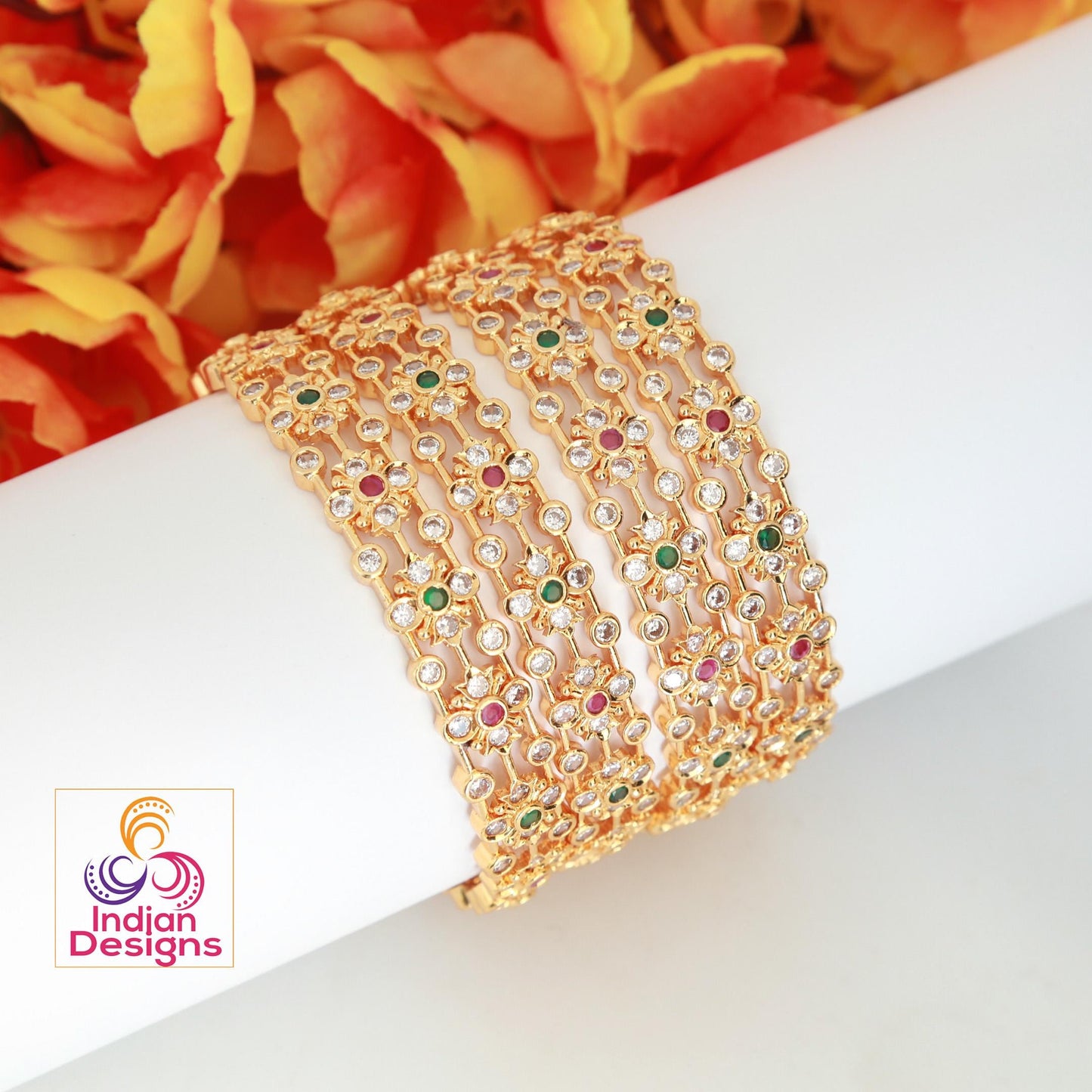 Gold plated Bangles with Ruby and Green stones Set of 4| South Indian style Floral design bangles| Daily-wear bangles| Stylish Gift for her
