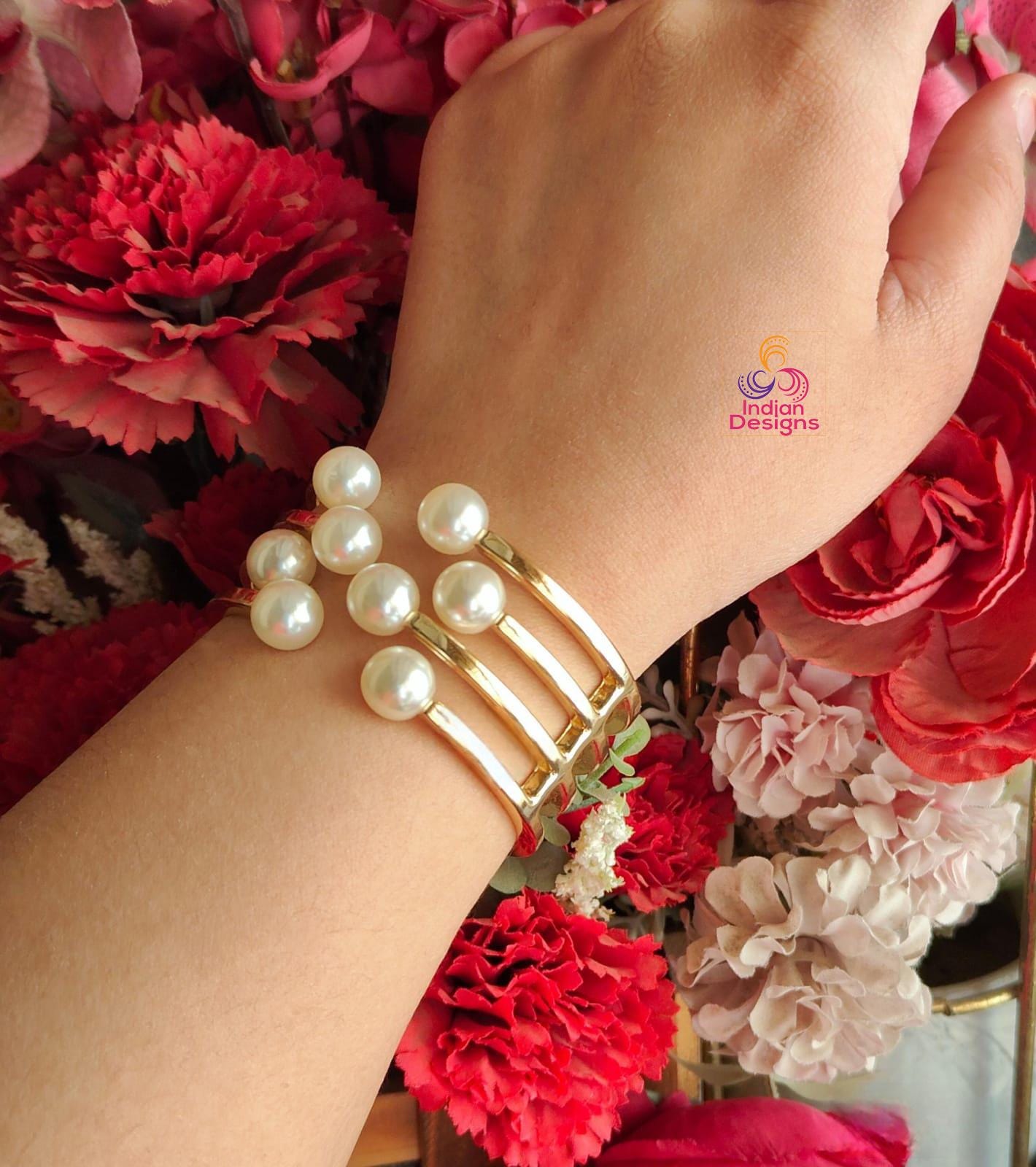Openable Pearl Gold Bangle Set – Adjustable Cuff Bracelets with Pearl Beads –Party Bangles with Pearls| Minimalist Pearl Bangles| gift 4 her