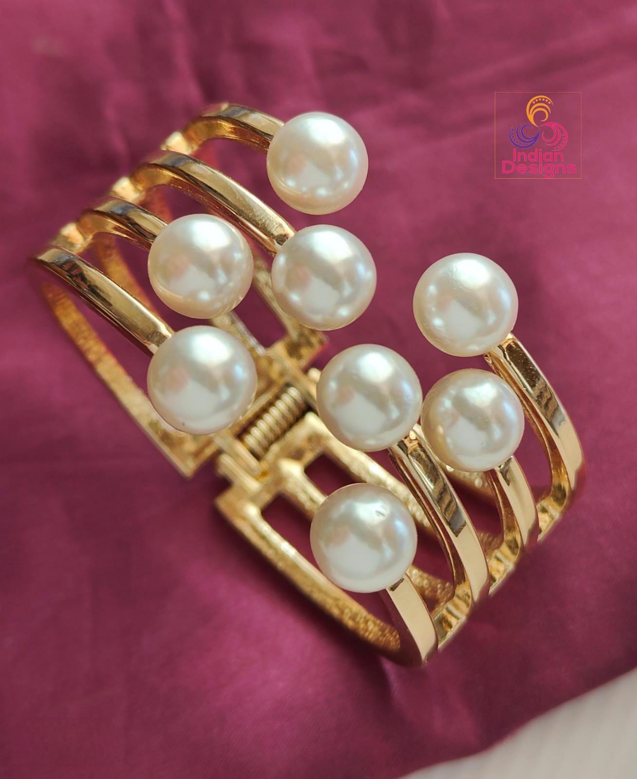 Openable Pearl Gold Bangle Set – Adjustable Cuff Bracelets with Pearl Beads –Party Bangles with Pearls| Minimalist Pearl Bangles| gift 4 her