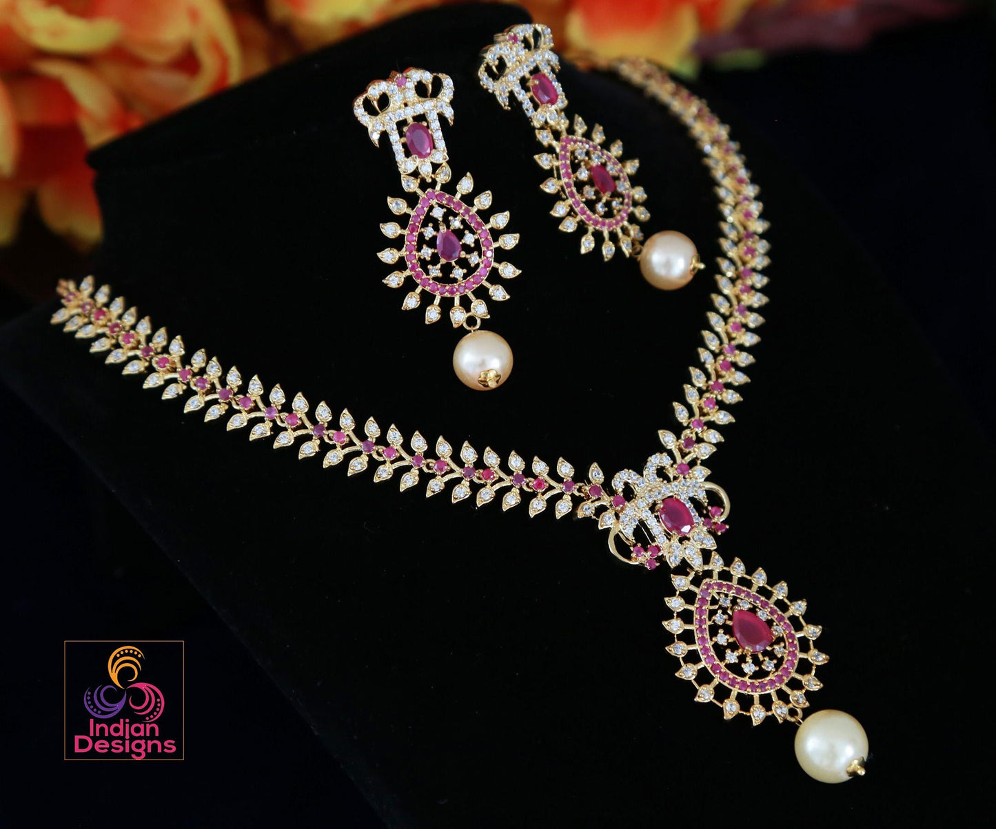 Gold Plated Ruby & Pearl Necklace Set with AD Stones| American Diamond Wedding Jewelry Set| Statement Bridal Necklace| CZ Diamond Necklace