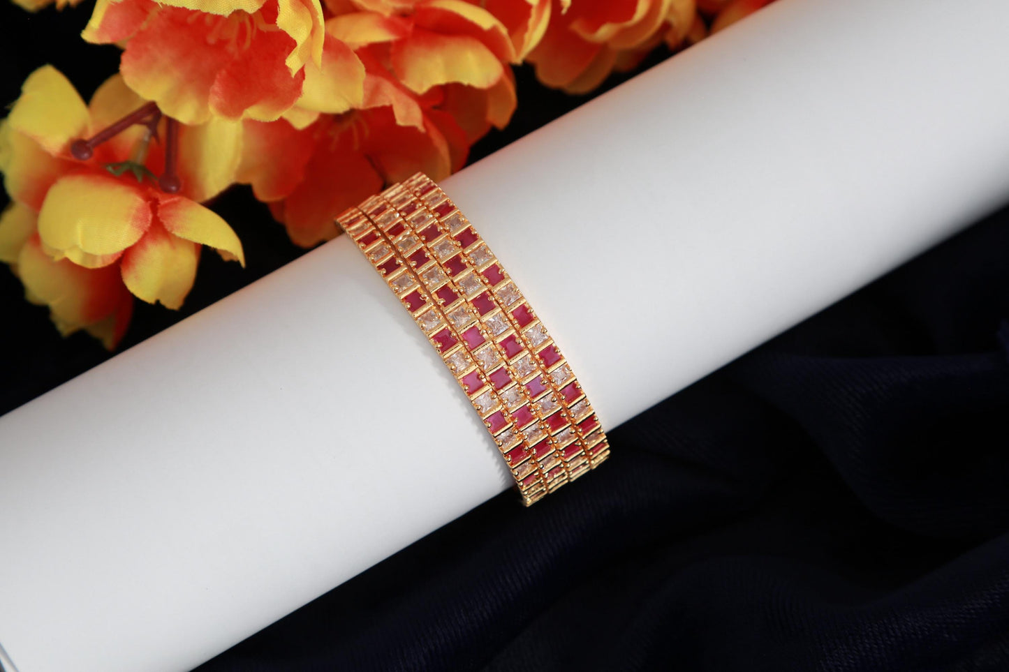 AD stone Ruby & Emerald Green bangles set| Gold Plated Indian wedding Bangle set of 4| American Diamond CZ stone bangles| Party wear bangles