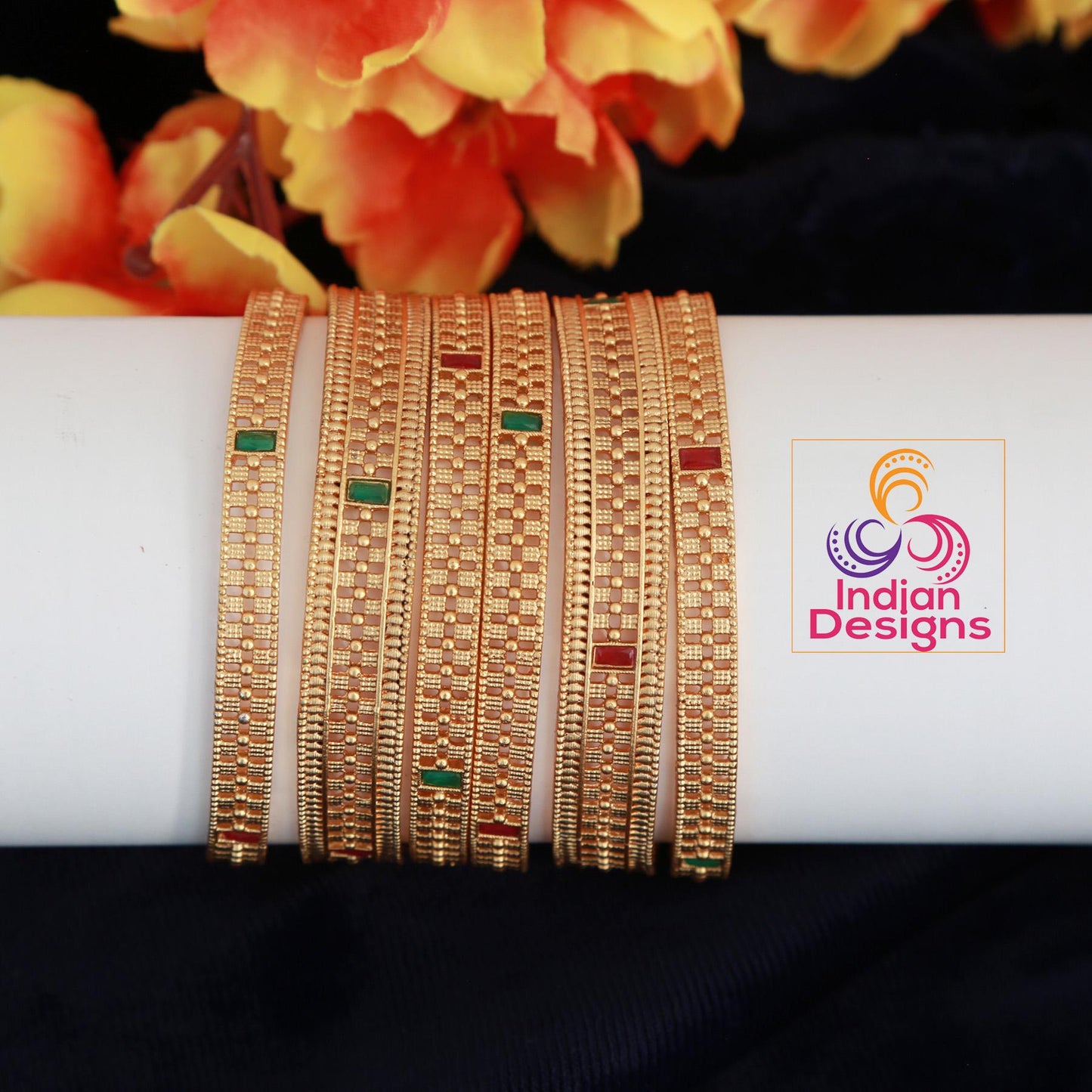 Matte Gold-Plated Party wear Bangle Bracelets set of 8 | Lightweight Stackable Bangles for Women| South Indian Bangles| Gift for her