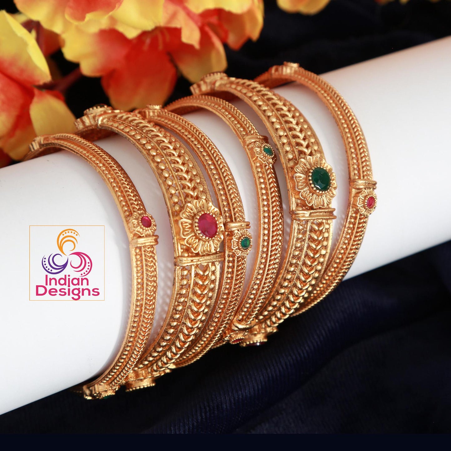Matte Gold-Plated Party wear Bangle Bracelets set of 8 | Lightweight Stackable Bangles for Women| South Indian Bangles| Gift for her