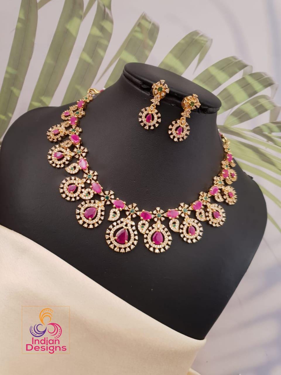 Green and Red-coral American Diamond necklace set| Traditional Indian bridal necklace| Gold-Plated AD necklace set & earrings| gift for her