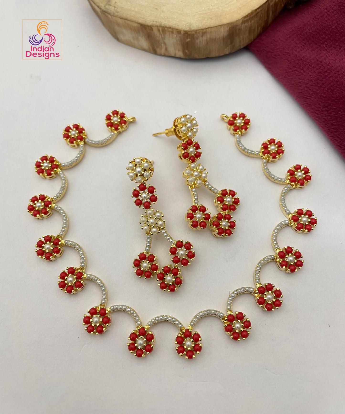 Floral Design Green and Pink Pearl & Necklace Earring Set| Traditional Indian Jewelry with Pearls| Minimalist Pearl necklace| Gift for her