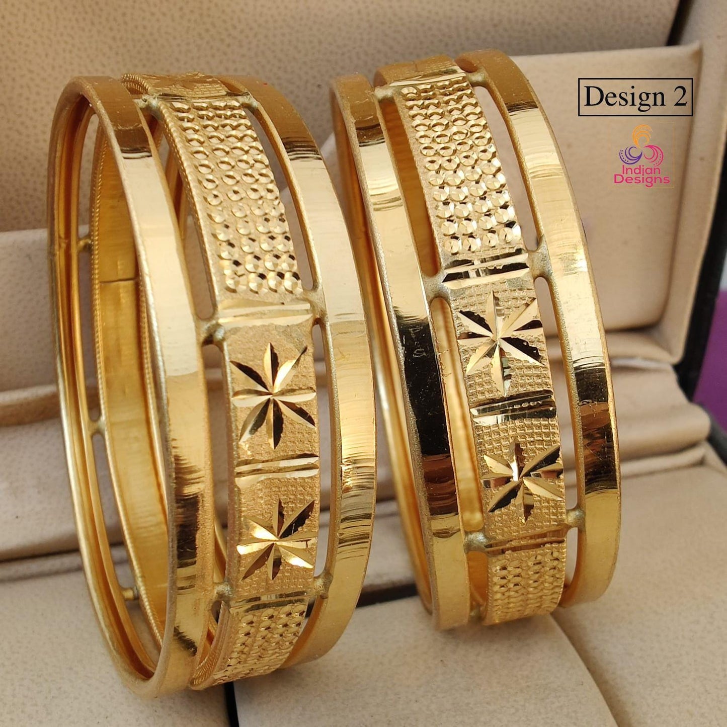 Gold Tone Indian Bangles Set 2 Pc| party wear bangles| Light weight Modern gold bangle/Bracelet set for| Wedding bangles Indian|Gift for her