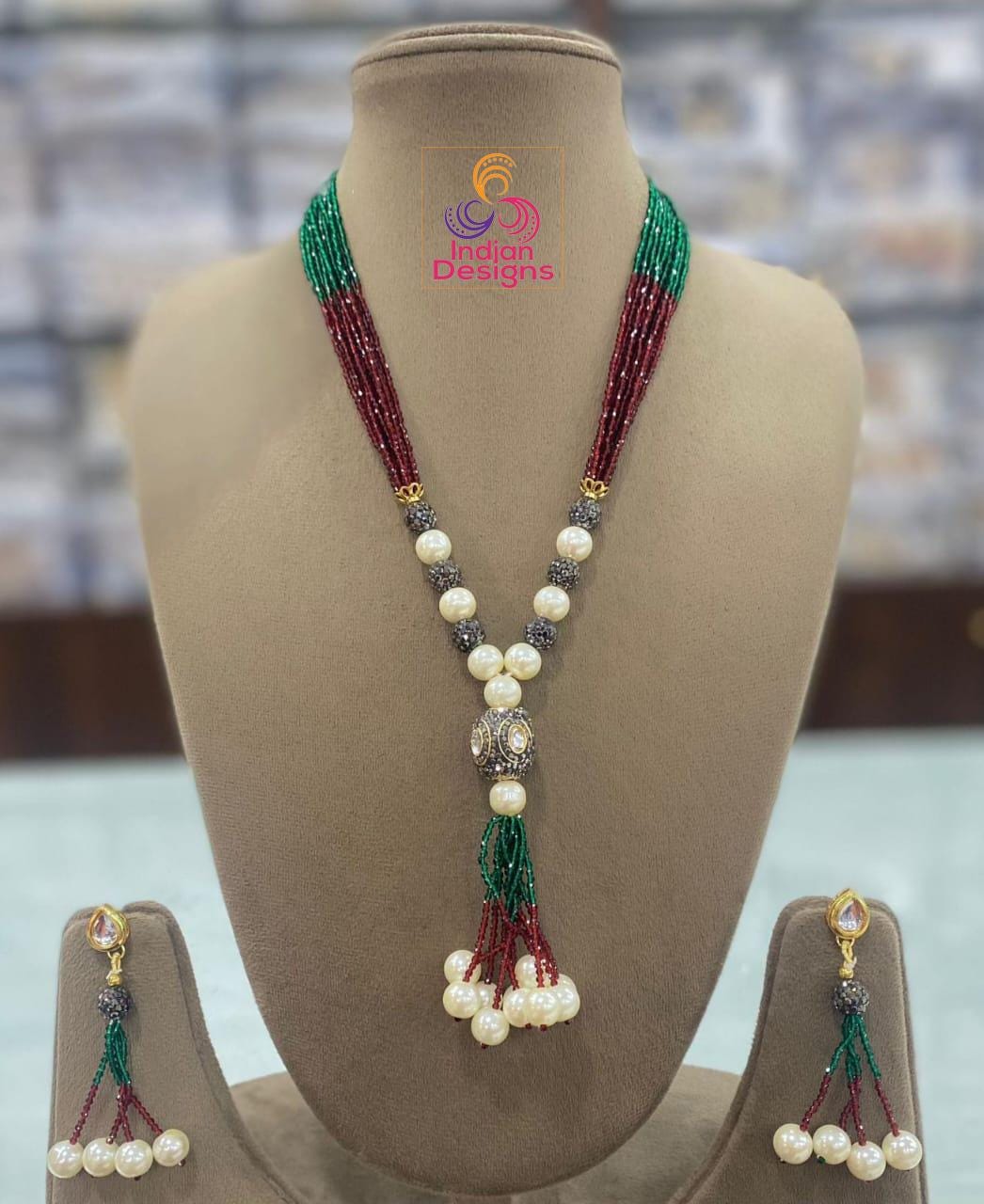 Beaded Pearl Necklace Set with Tassels| Elegant Pink and Green Bead Necklace with Pearl Drops| Traditional Indian Jewelry| Gift for her