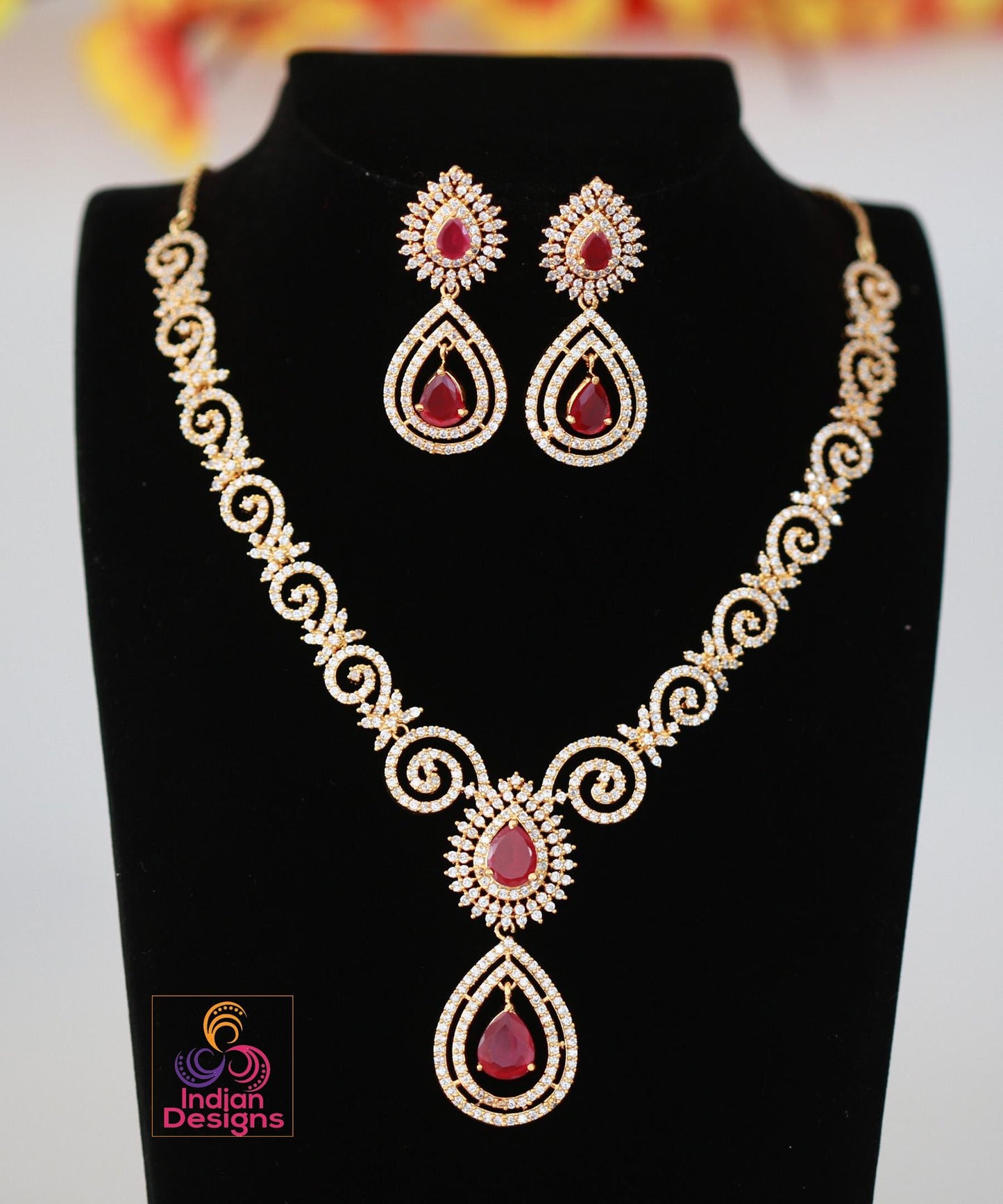 Gold Plated Ruby and Green American diamond necklace Earring set| Indian Designs Jewelry| Luxury bridal set| Tear drop Necklace|Gift for her