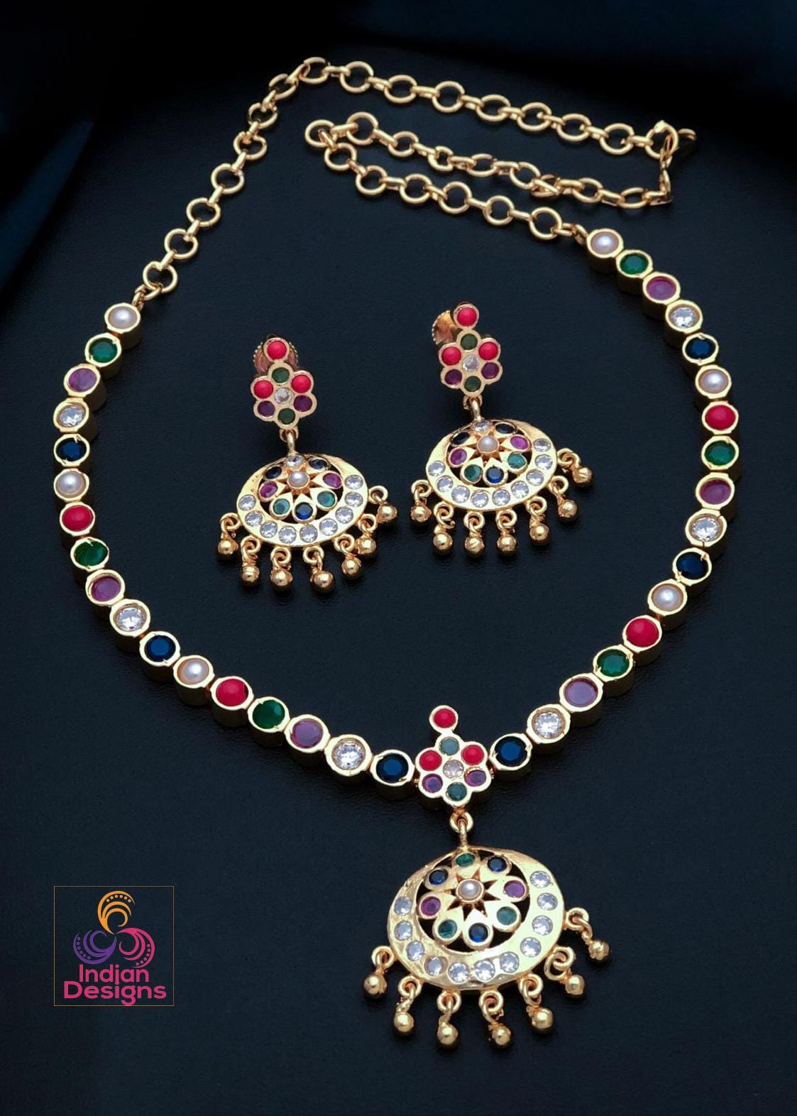 Gold Plated Ruby Emerald Attigai necklace Earring set| American Diamond CZ Choker Simple necklace| South Indian style Necklace| Gift for her