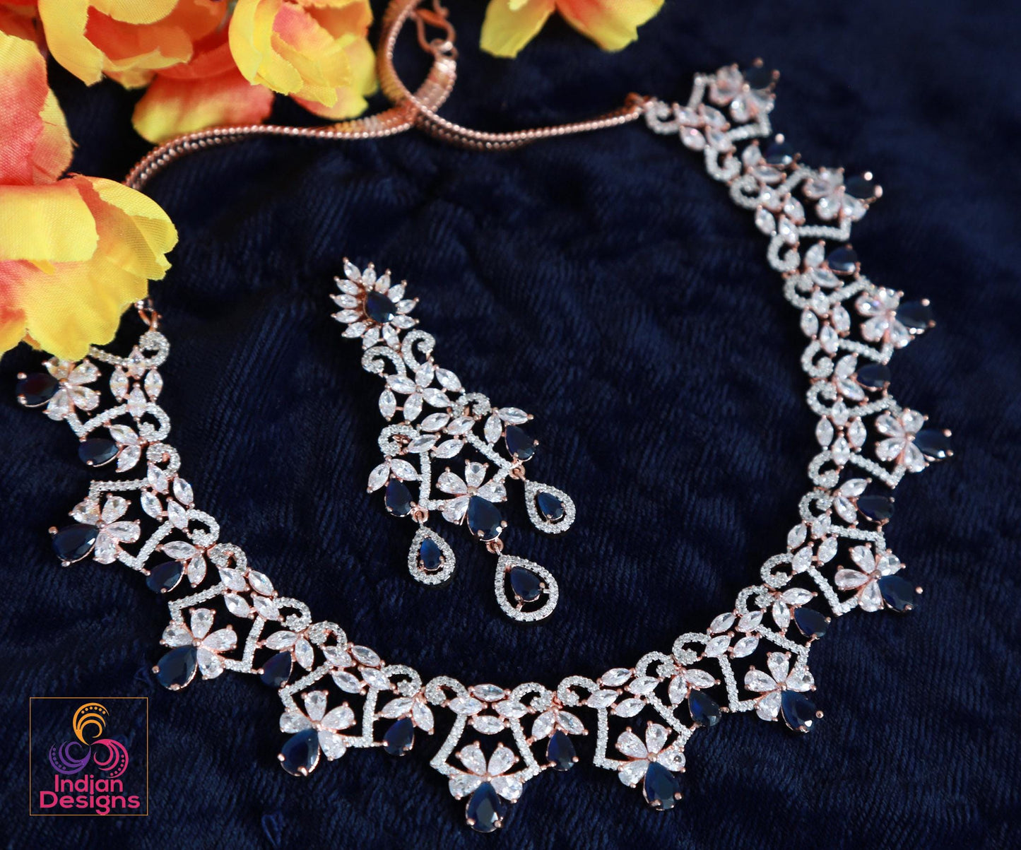 American Diamond Green & White Floral Necklace Set| Rose Gold Finish Jewelry| Bridal Necklace with Green Teardrop Stones| Wedding Jewelry