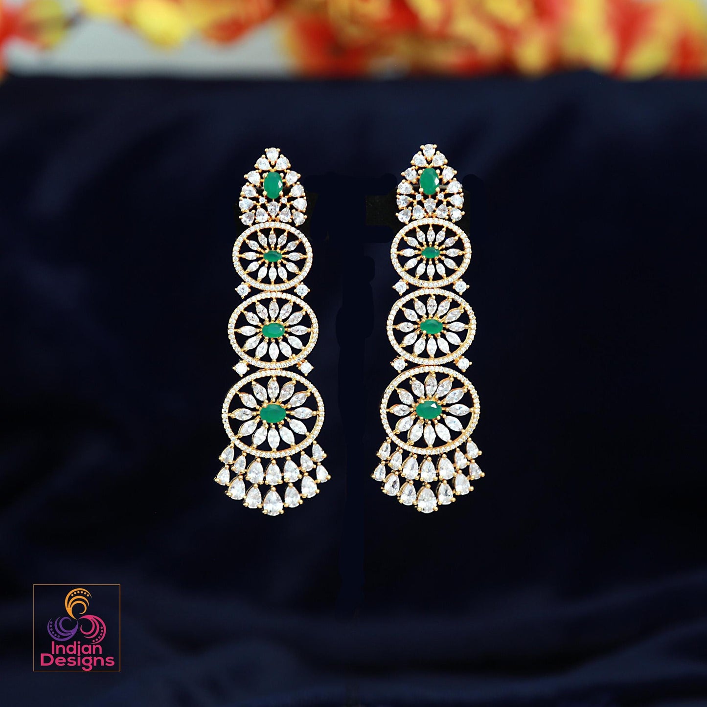 Green Emerald CZ Stones Statement Earrings| Wedding Party wear earrings| American Diamond Luxury dangler earrings| Bollywood style earrings