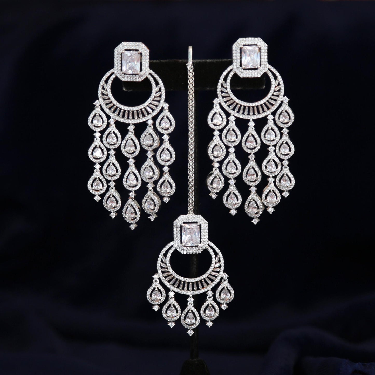 American Diamond Dangle Earrings with Maang tikka| Crystal Drop Earrings, Bollywood Bridal Jewelry, Wedding Earrings for Women| Gift for her