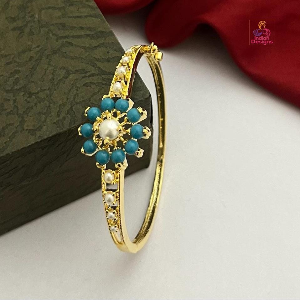 Openable Pearl Bangle| Cz Gold bracelet| statement bangle| Gold Plated Trendy Turquoise & Red coral stone bangle| Minimalist bracelet bangle