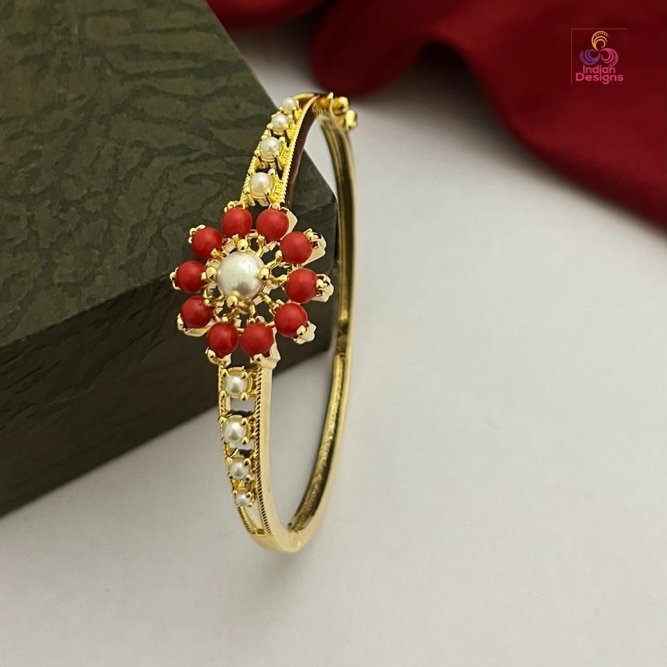 Openable Pearl Bangle| Cz Gold bracelet| statement bangle| Gold Plated Trendy Turquoise & Red coral stone bangle| Minimalist bracelet bangle