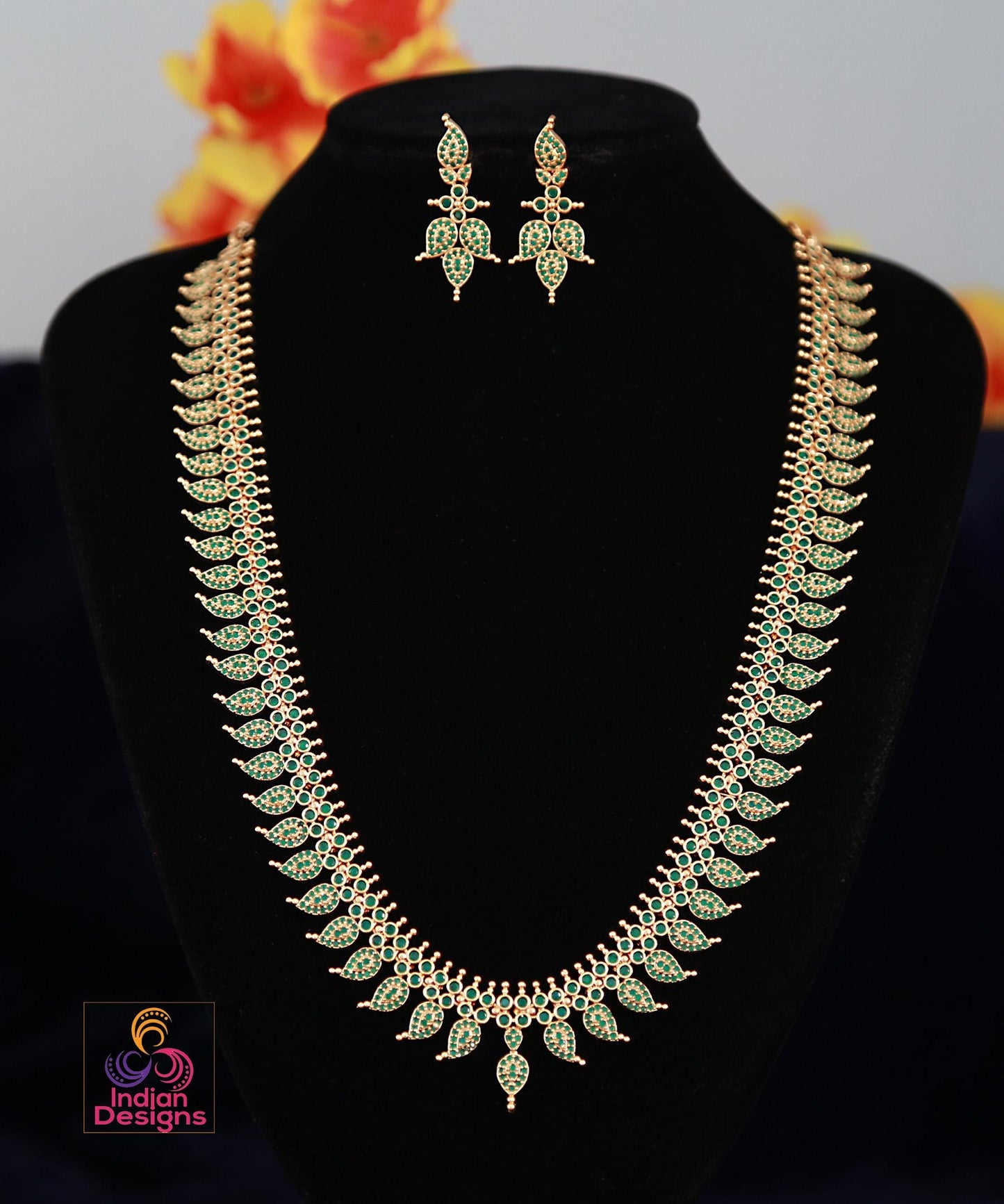Gold Plated Mango Haram Long Necklace & Earrings set with Green Emerald stones| Traditional South Indian Wedding jewelry| Gift for her