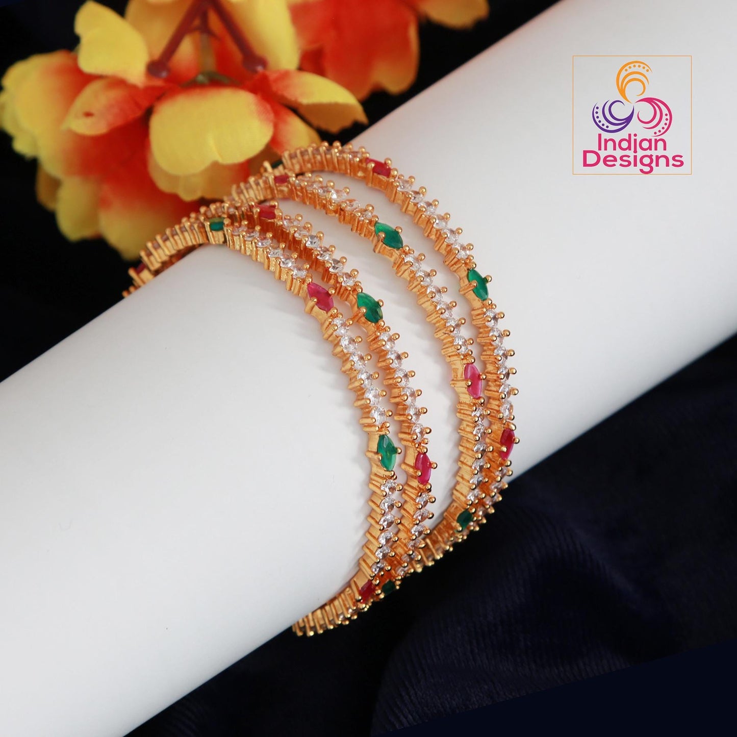 AD stone Ruby and Green bangles set of 4| American Diamond CZ stone Indian Bangles| Gold Plated Stylish Party Wear Bangles set| Gift for her