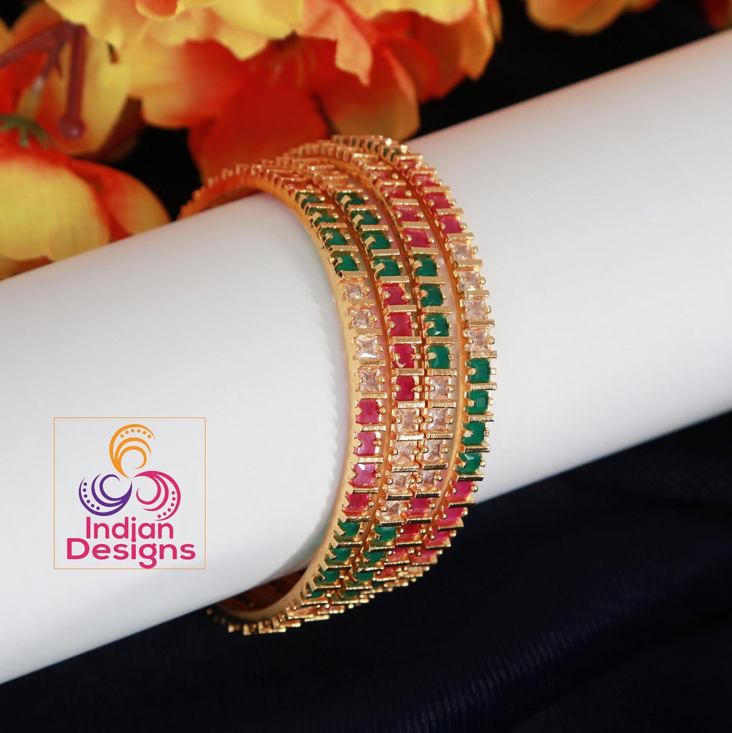 AD stone Ruby/Green/White bangles set| Gold Plated Indian wedding Bangle set of 4| American Diamond CZ stone bangles| Party wear bangles