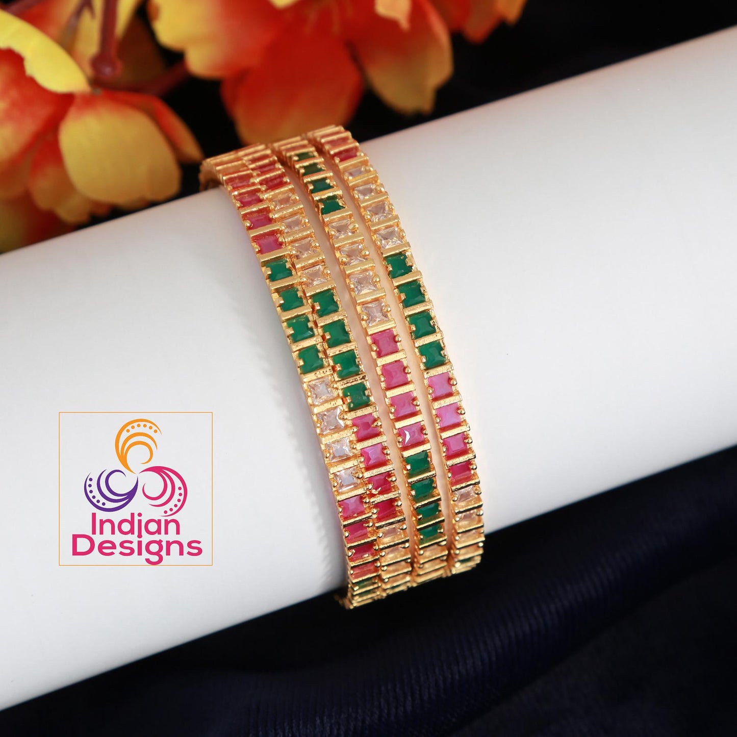AD stone Ruby/Green/White bangles set| Gold Plated Indian wedding Bangle set of 4| American Diamond CZ stone bangles| Party wear bangles